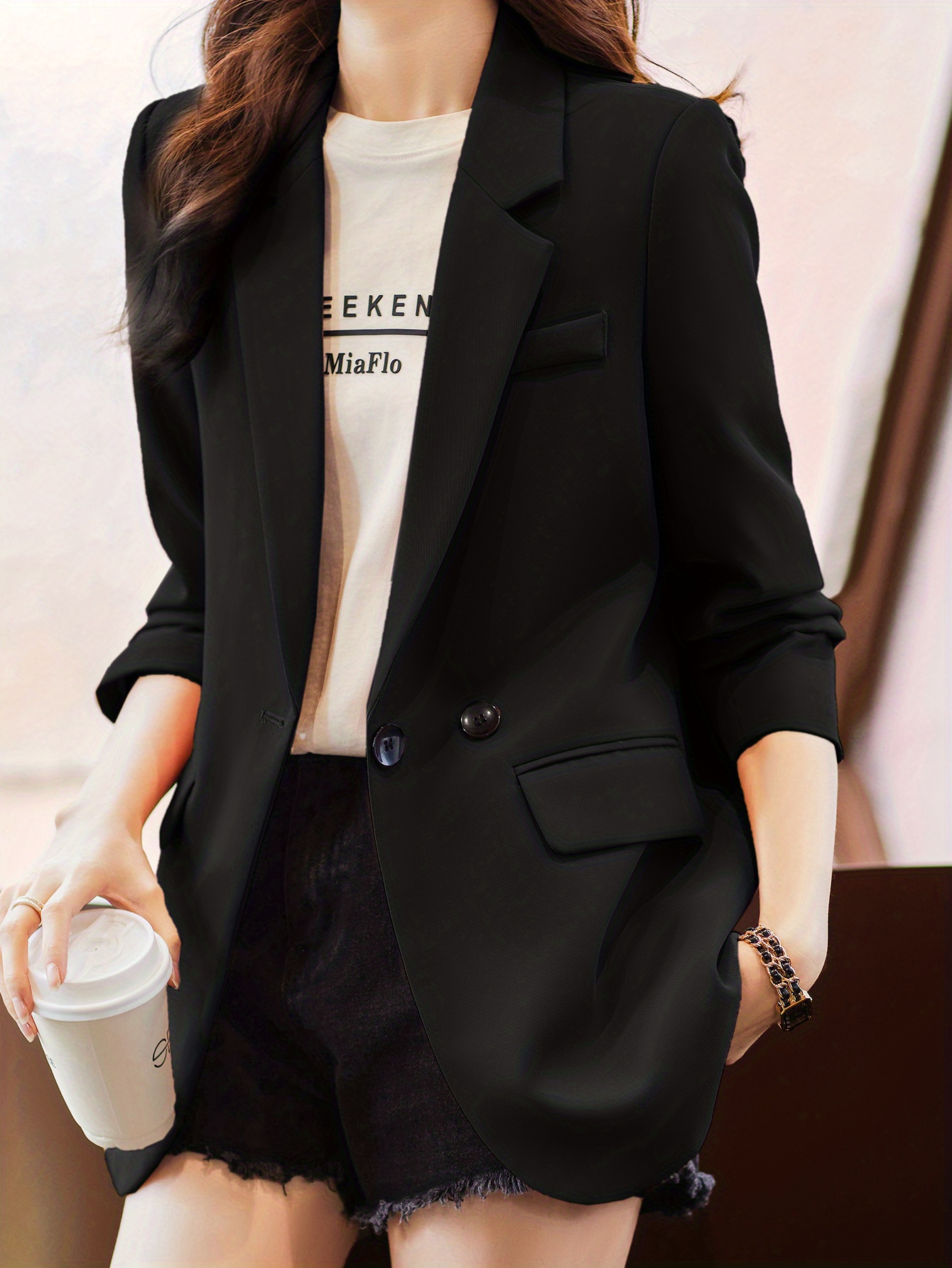 solid button front vent blazer stylish lapel long sleeve blazer for office work womens clothing details 2