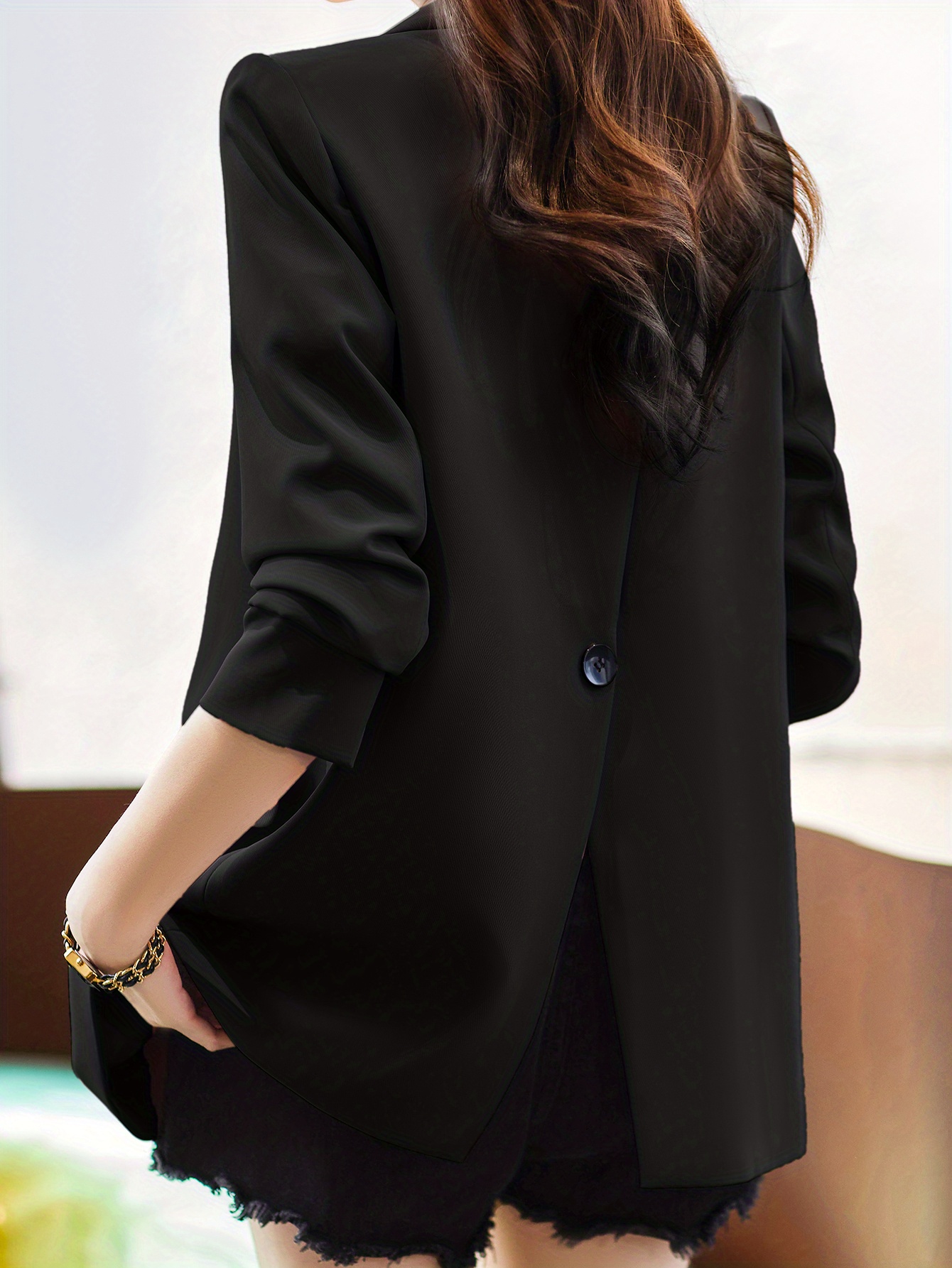 solid button front vent blazer stylish lapel long sleeve blazer for office work womens clothing details 4