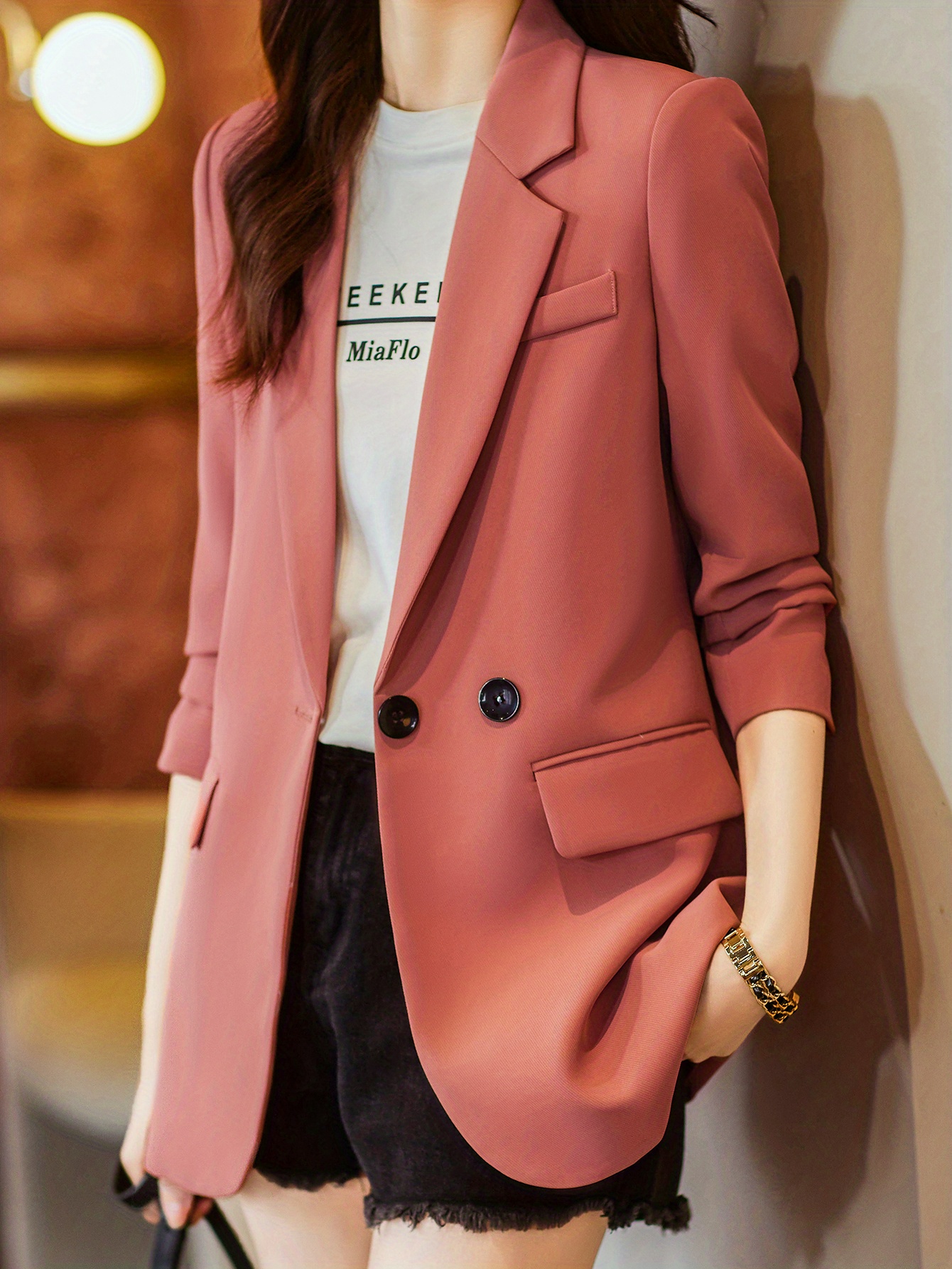 solid button front vent blazer stylish lapel long sleeve blazer for office work womens clothing details 9