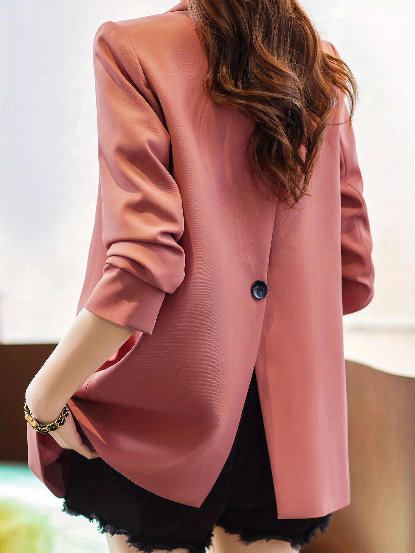 solid button front vent blazer stylish lapel long sleeve blazer for office work womens clothing details 11