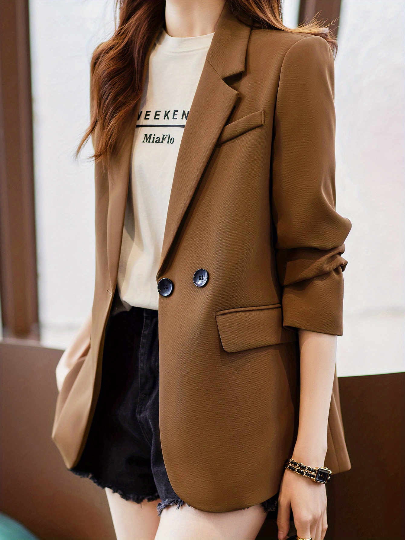 solid button front vent blazer stylish lapel long sleeve blazer for office work womens clothing details 13