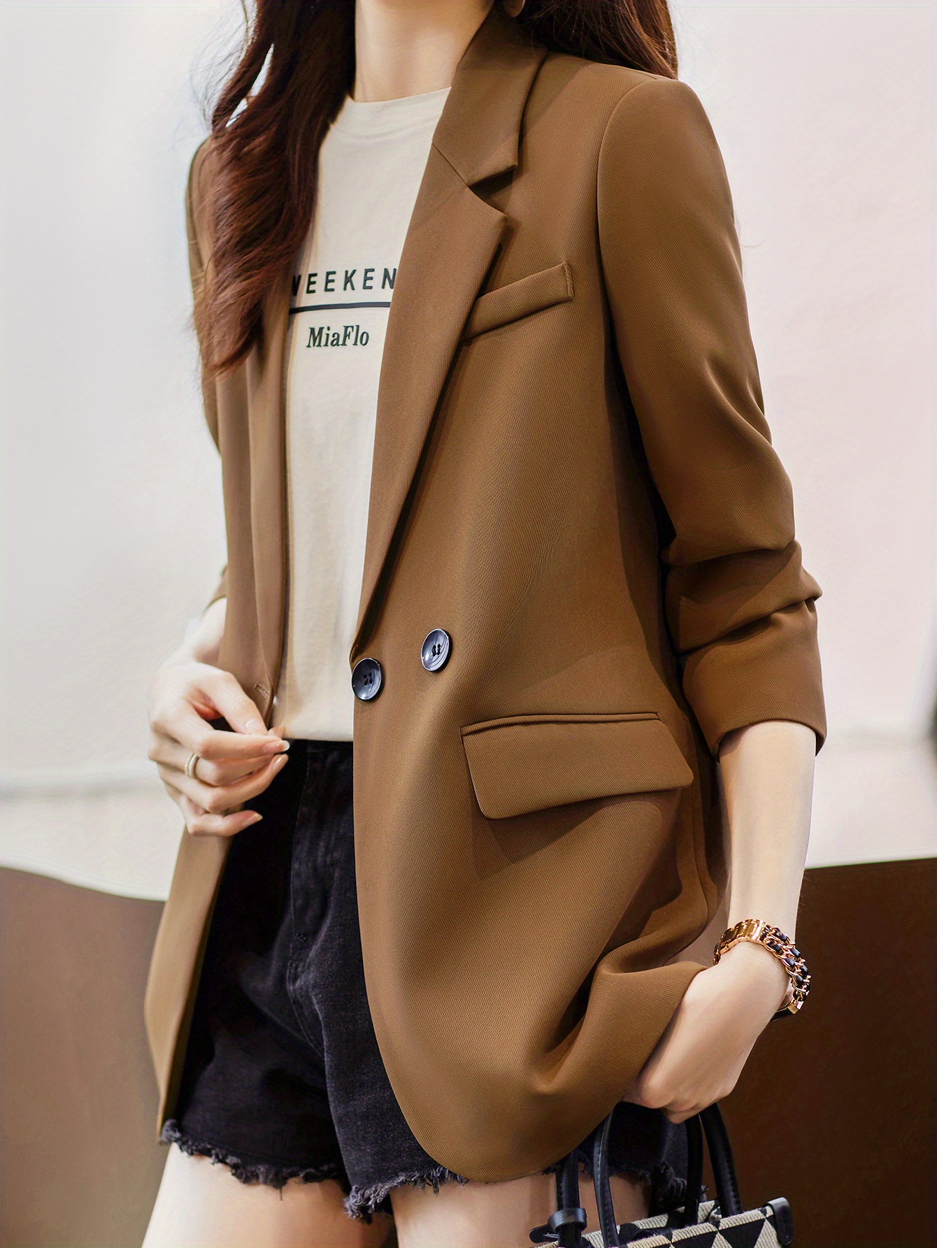solid button front vent blazer stylish lapel long sleeve blazer for office work womens clothing details 15