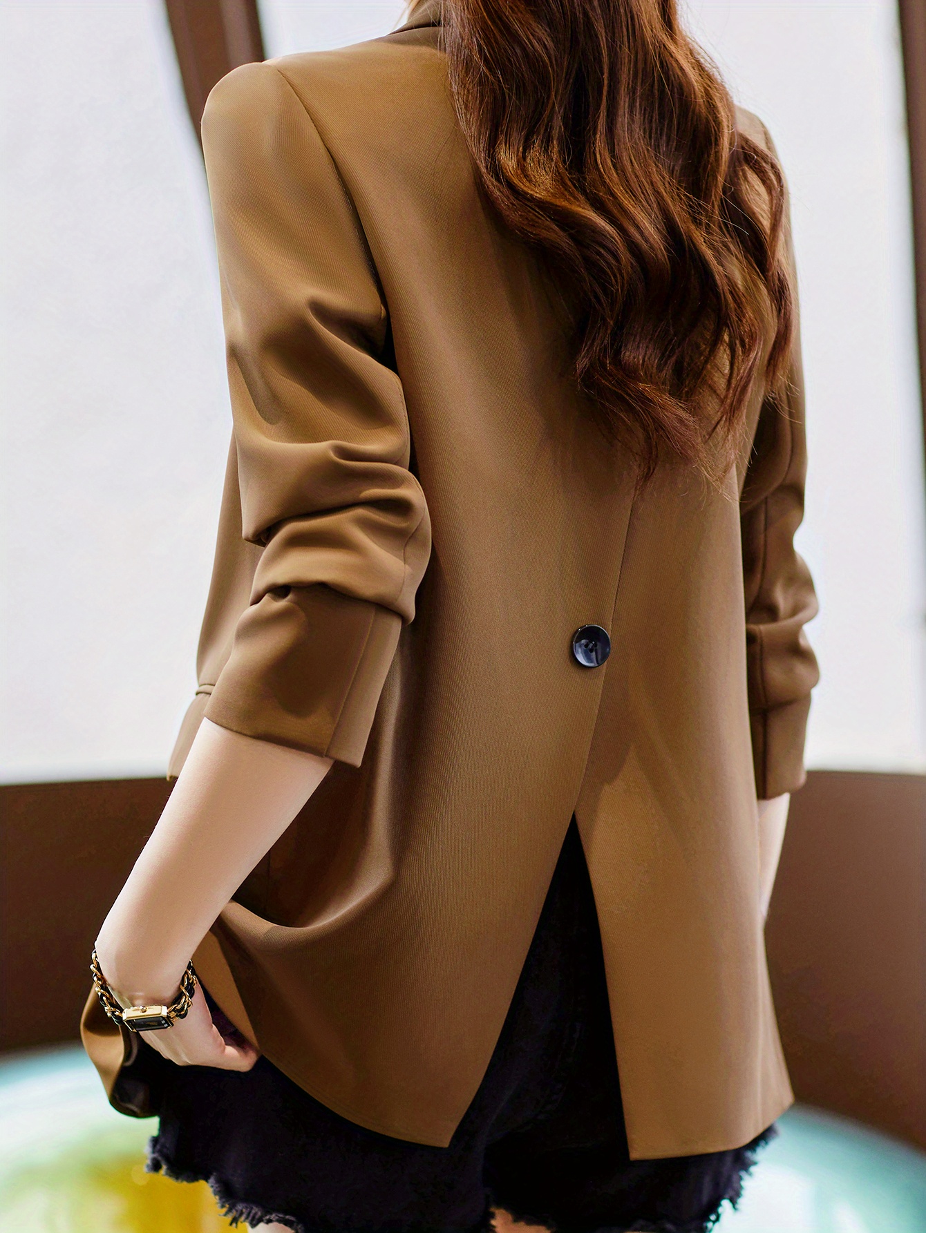 solid button front vent blazer stylish lapel long sleeve blazer for office work womens clothing details 16