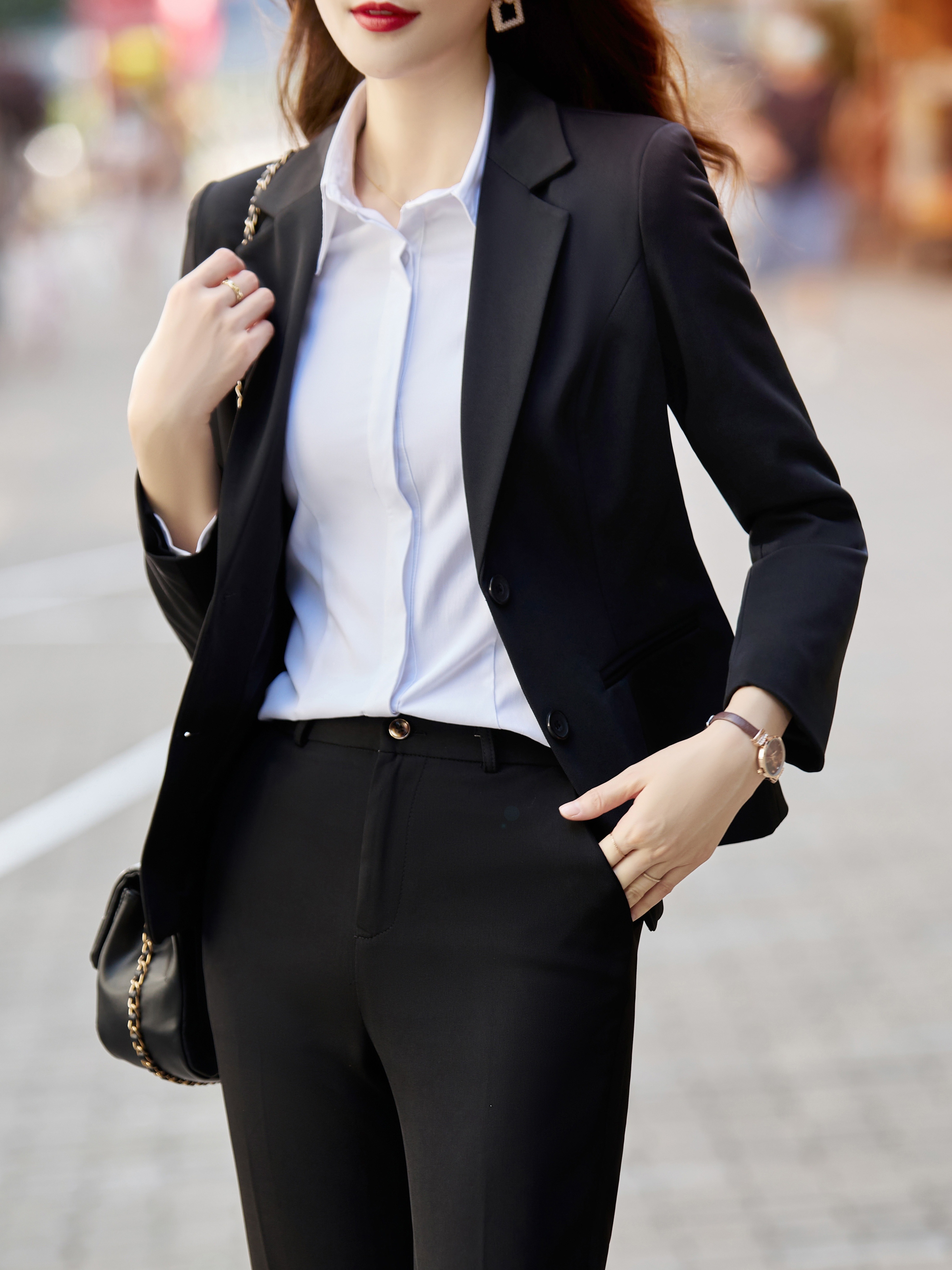 solid single breasted blazer elegant lapel work office outerwear womens clothing details 1