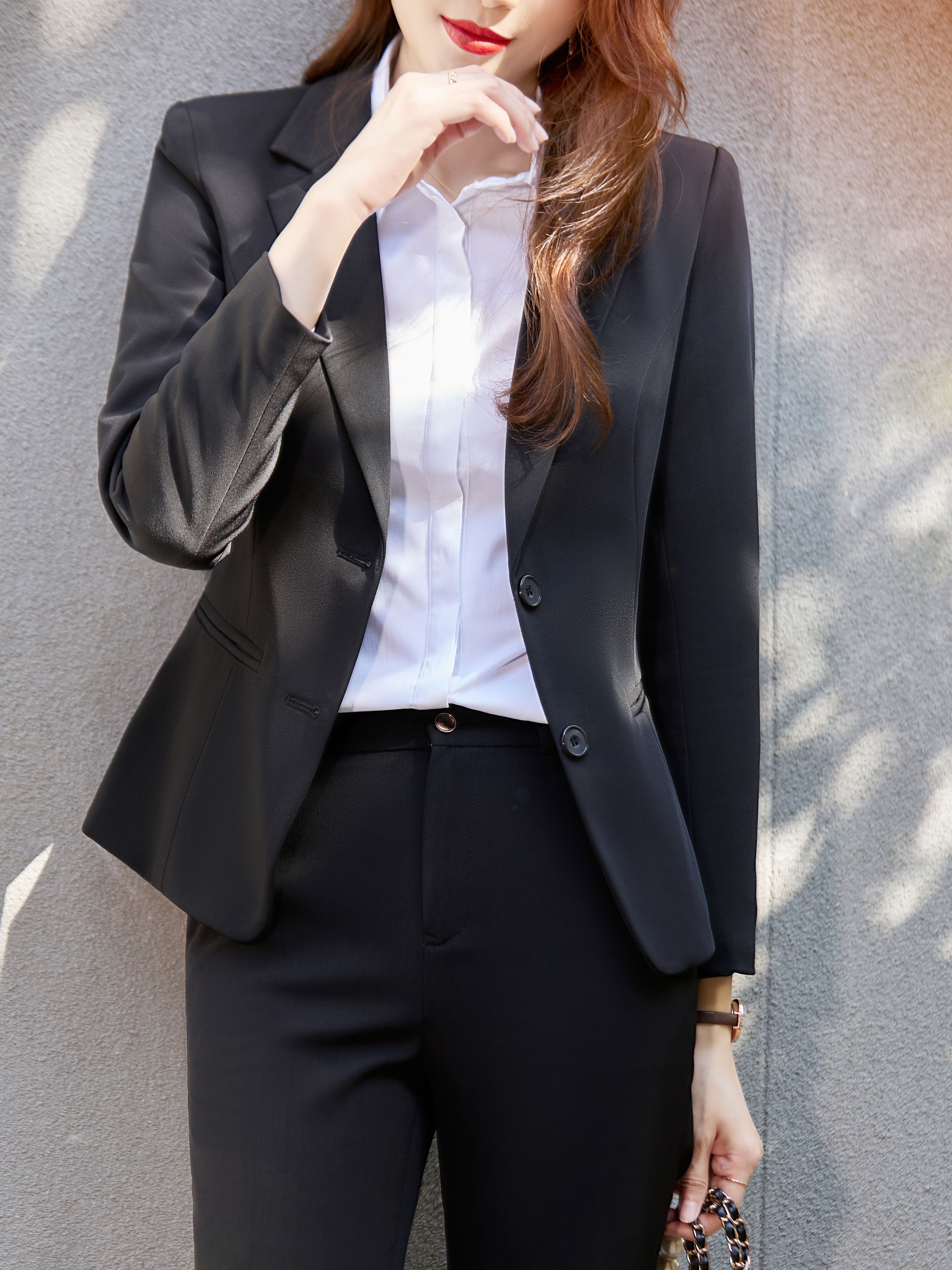 solid single breasted blazer elegant lapel work office outerwear womens clothing details 2