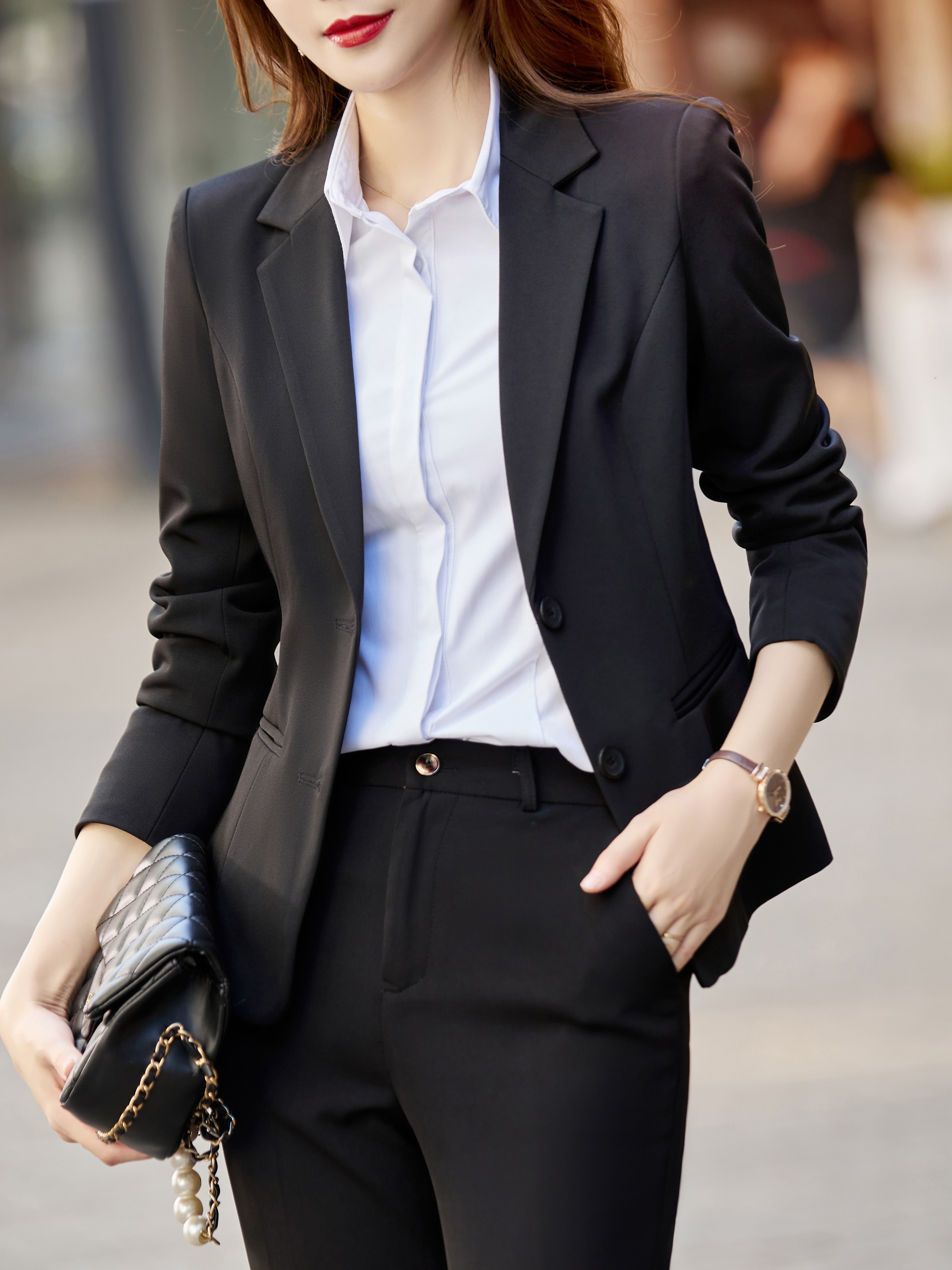 solid single breasted blazer elegant lapel work office outerwear womens clothing details 3