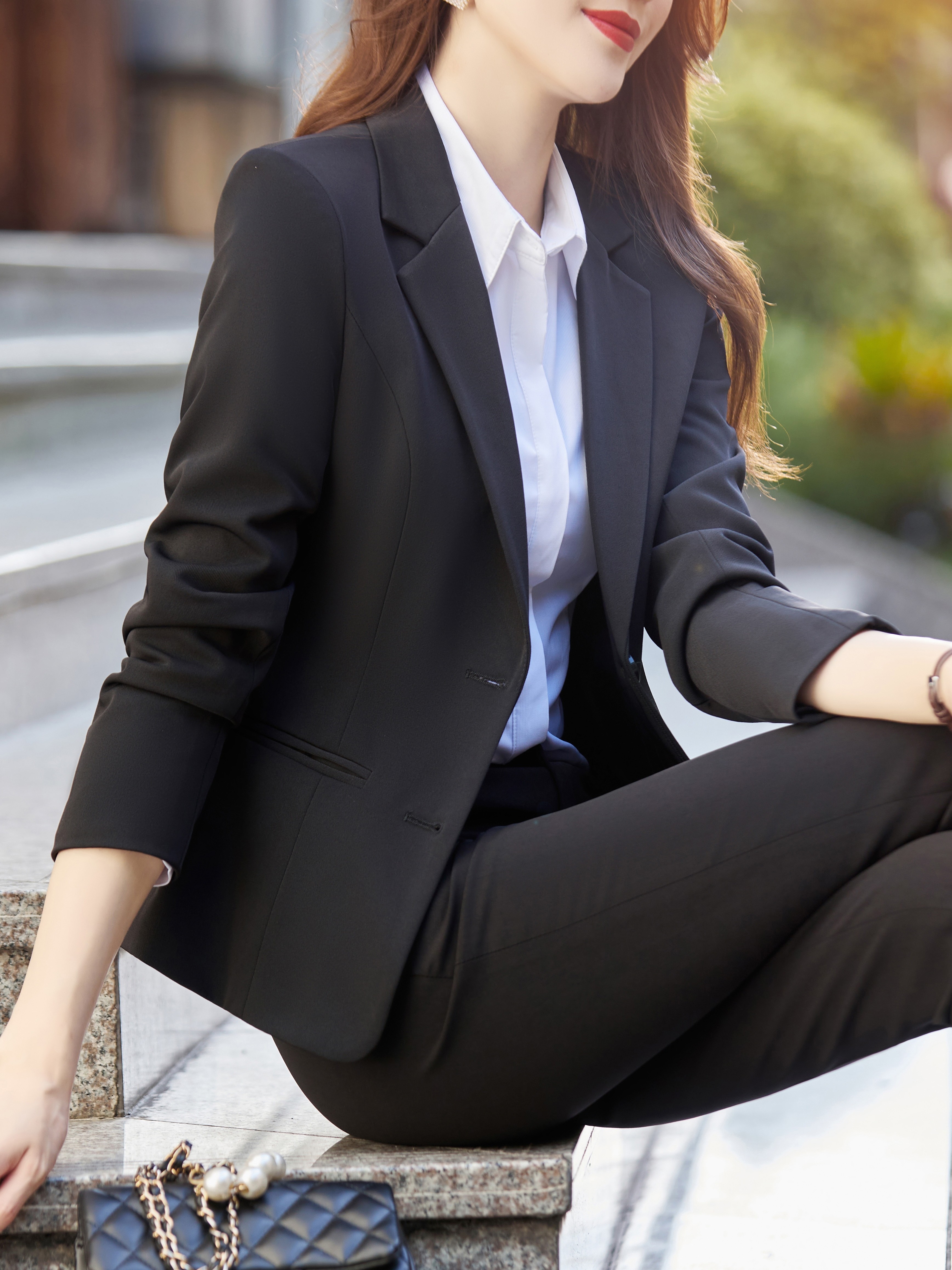solid single breasted blazer elegant lapel work office outerwear womens clothing details 4