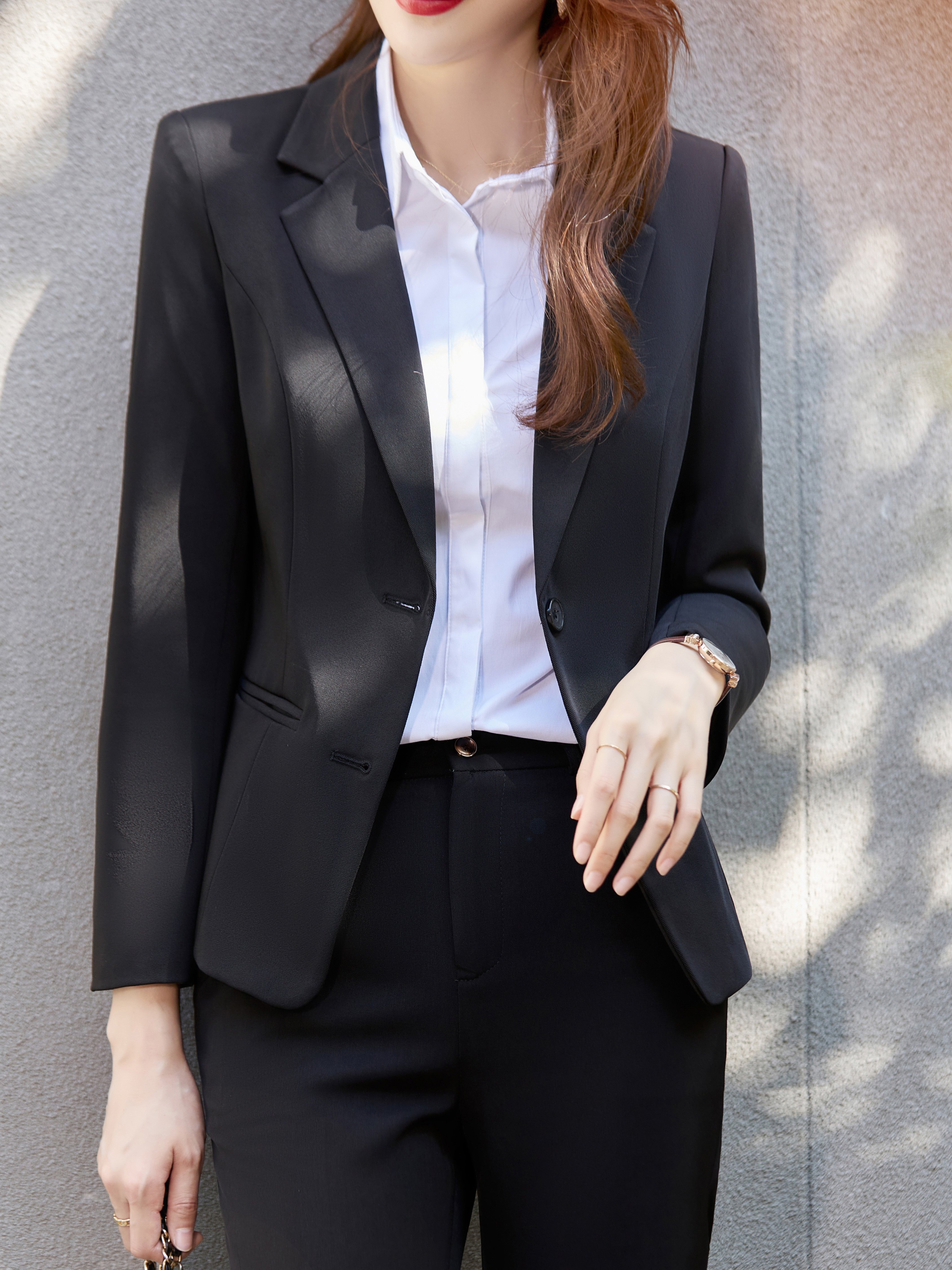 solid single breasted blazer elegant lapel work office outerwear womens clothing details 5