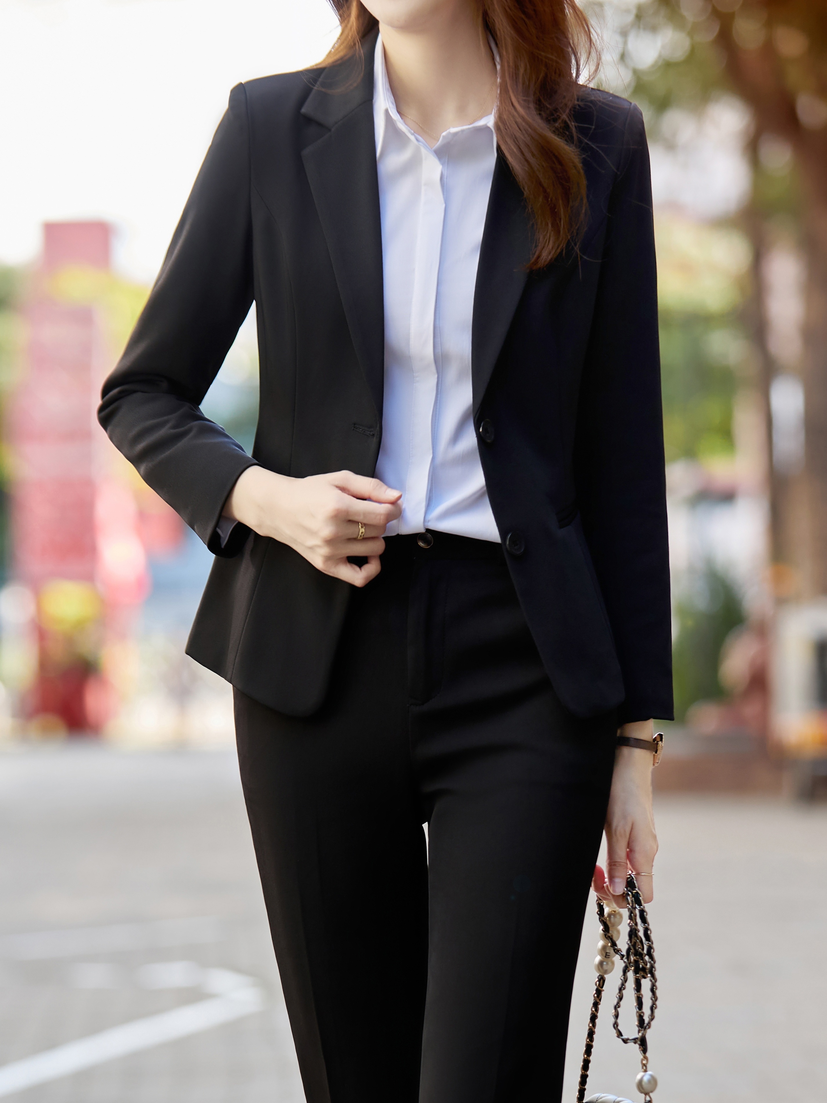 solid single breasted blazer elegant lapel work office outerwear womens clothing details 7