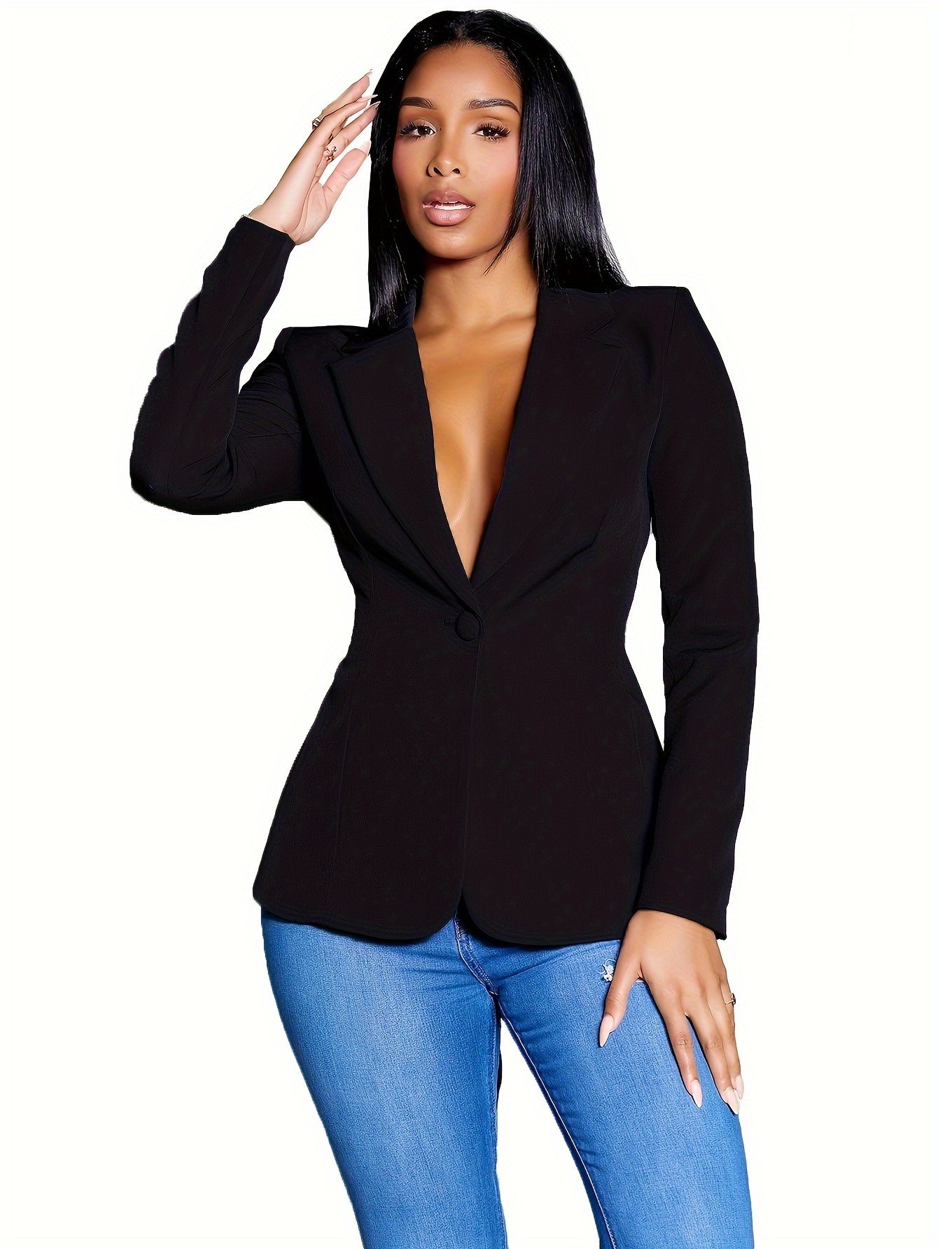 tie back solid blazer casual lapel open front long sleeve outerwear womens clothing details 0