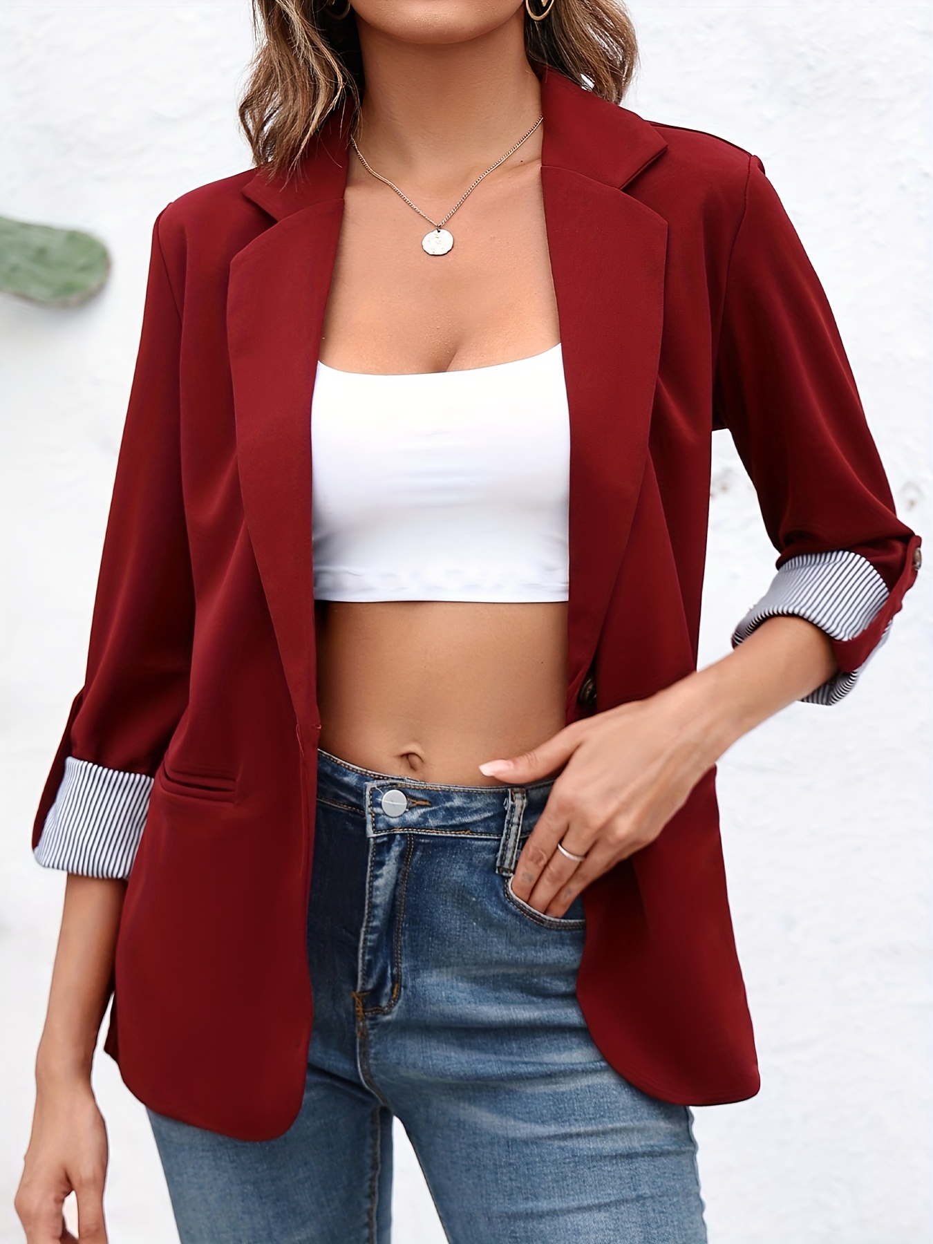 solid lapel blazer elegant open front work office outerwear womens clothing details 5