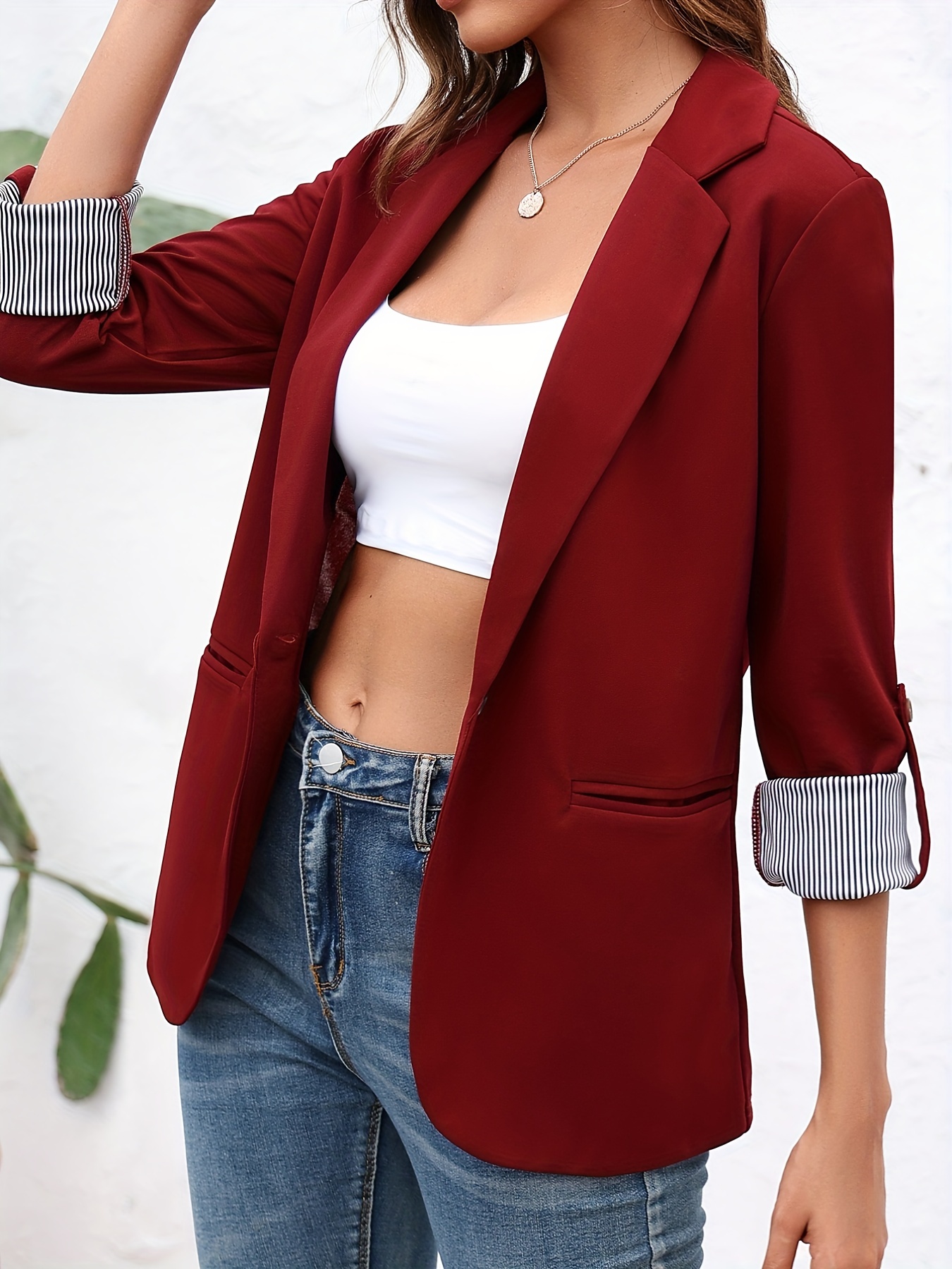 solid lapel blazer elegant open front work office outerwear womens clothing details 7