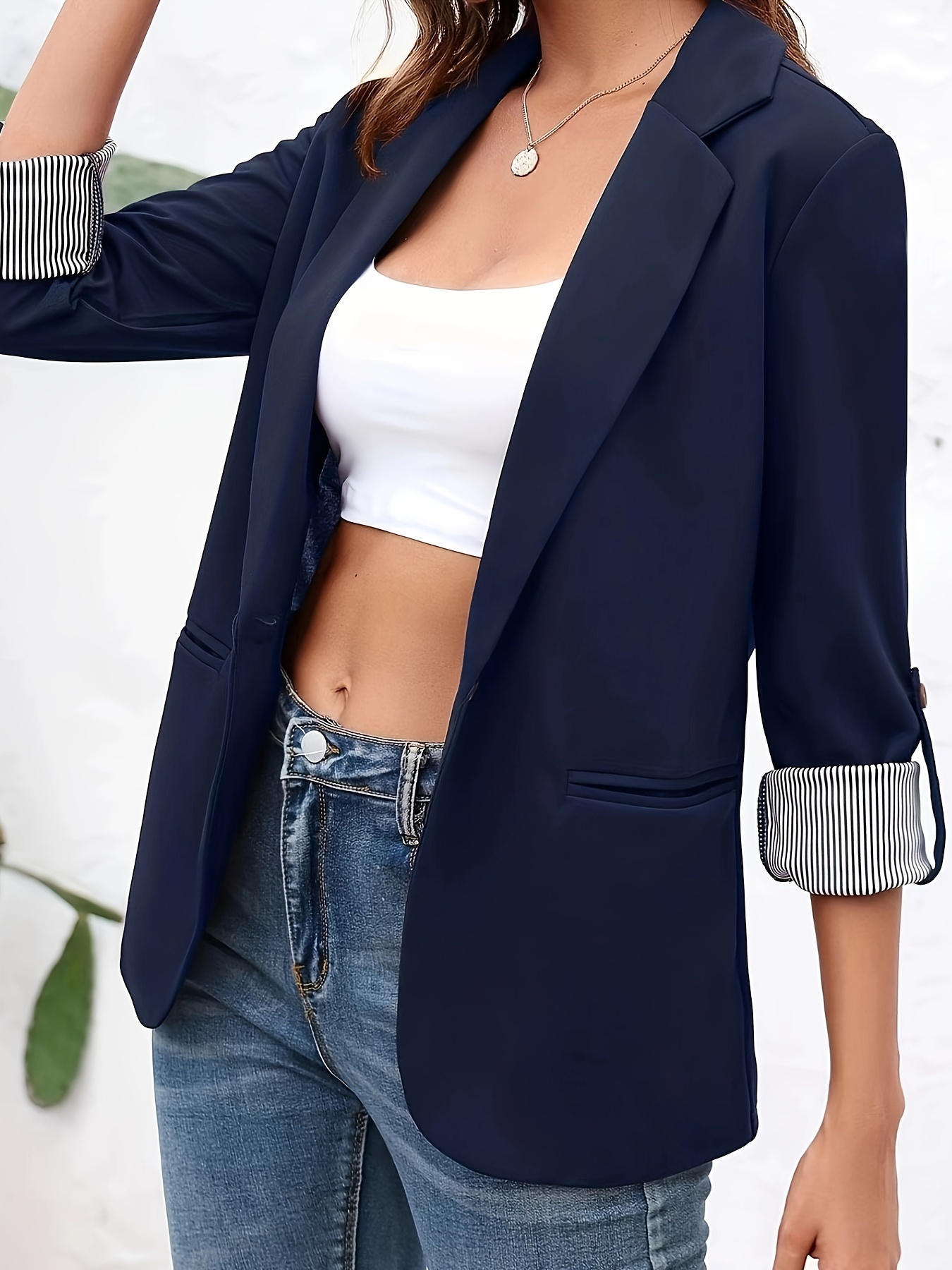 solid lapel blazer elegant open front work office outerwear womens clothing details 19