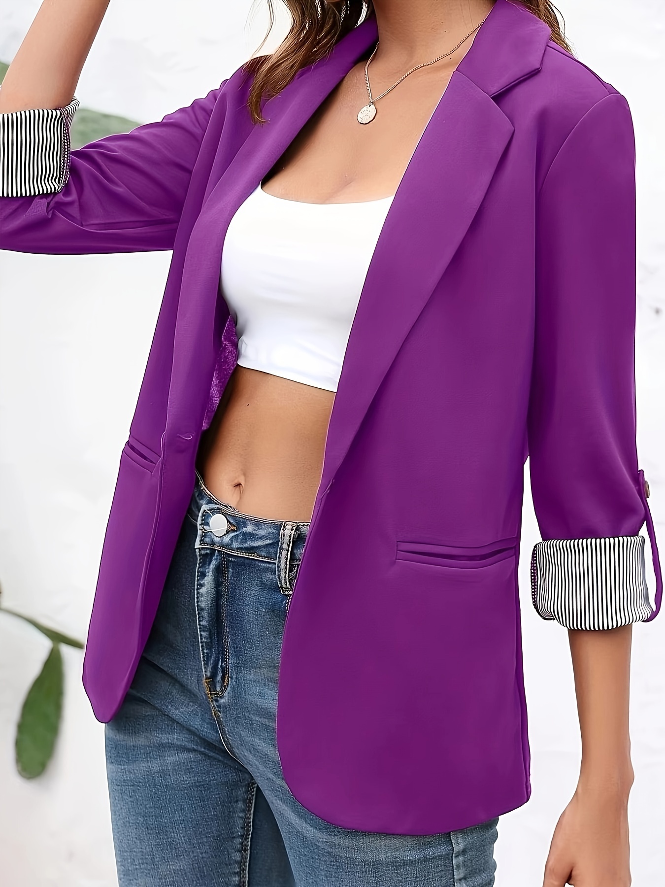 solid lapel blazer elegant open front work office outerwear womens clothing details 24