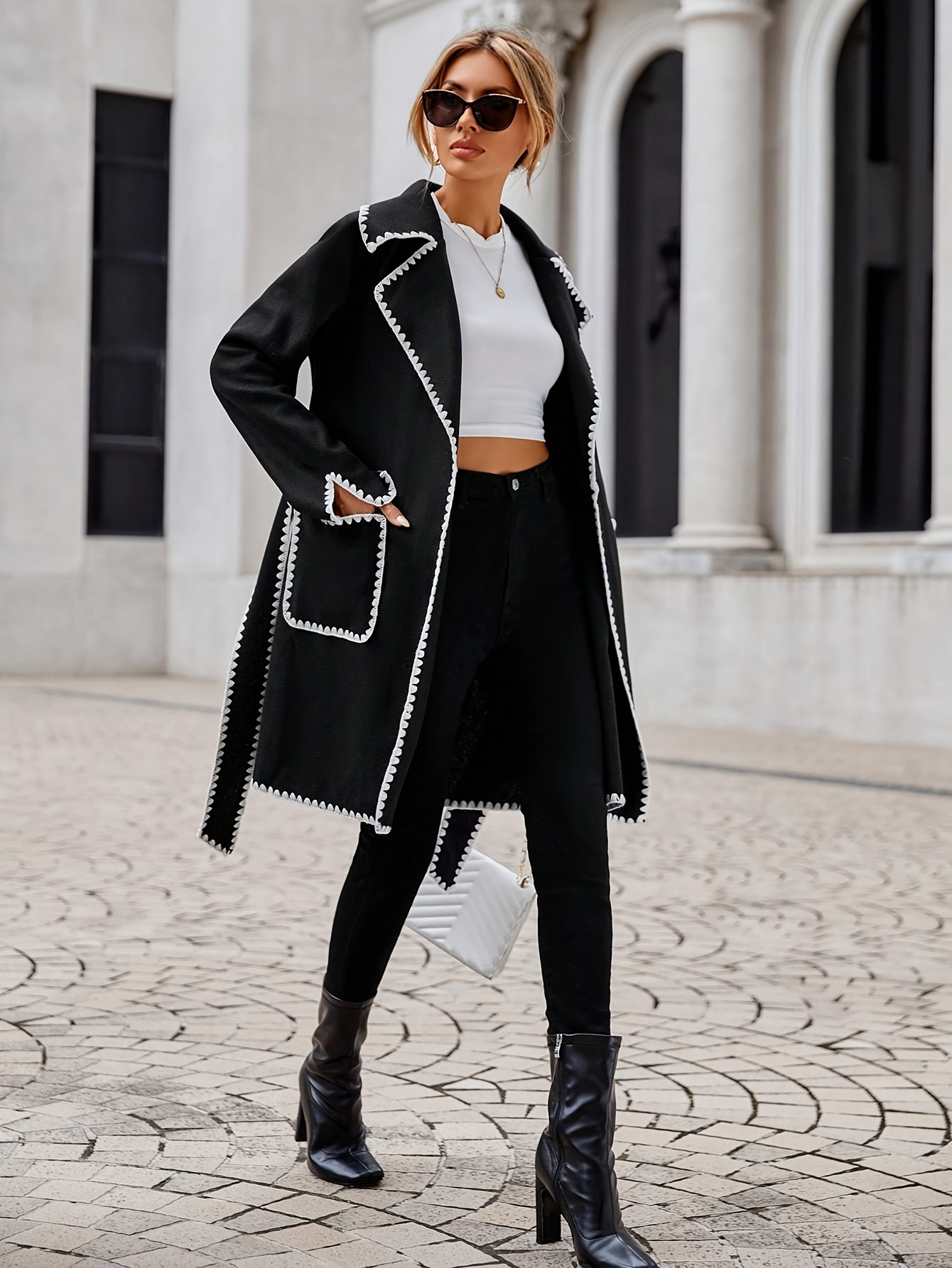 Contrast Trim Belted Lapel Overcoat, Elegant Long Sleeve Pockets Outwear For Fall & Winter, Women s Clothing details 3
