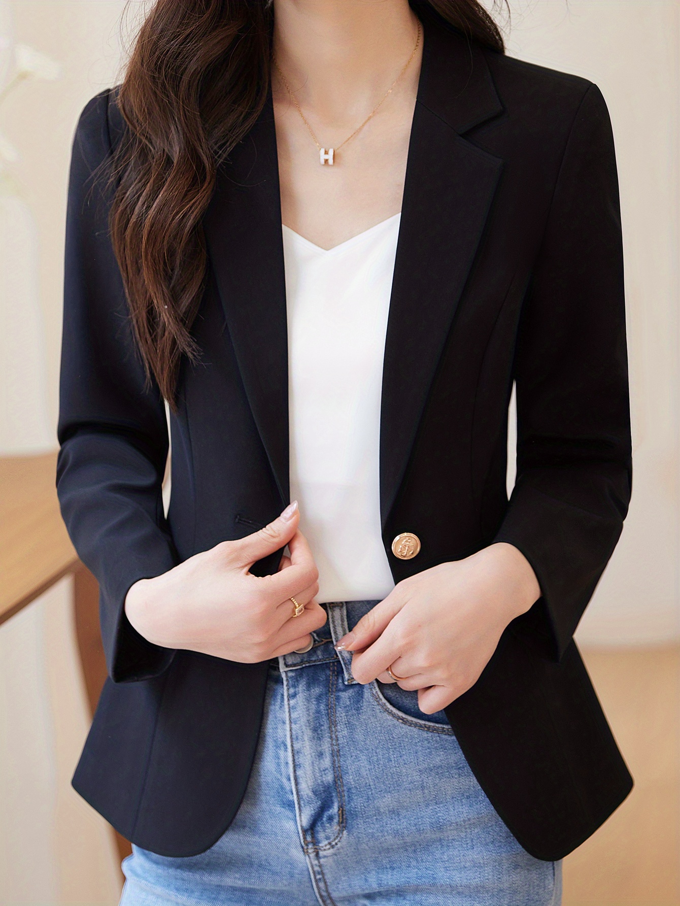 one button lapel blazer elegant open front long sleeve work office outerwear womens clothing details 0