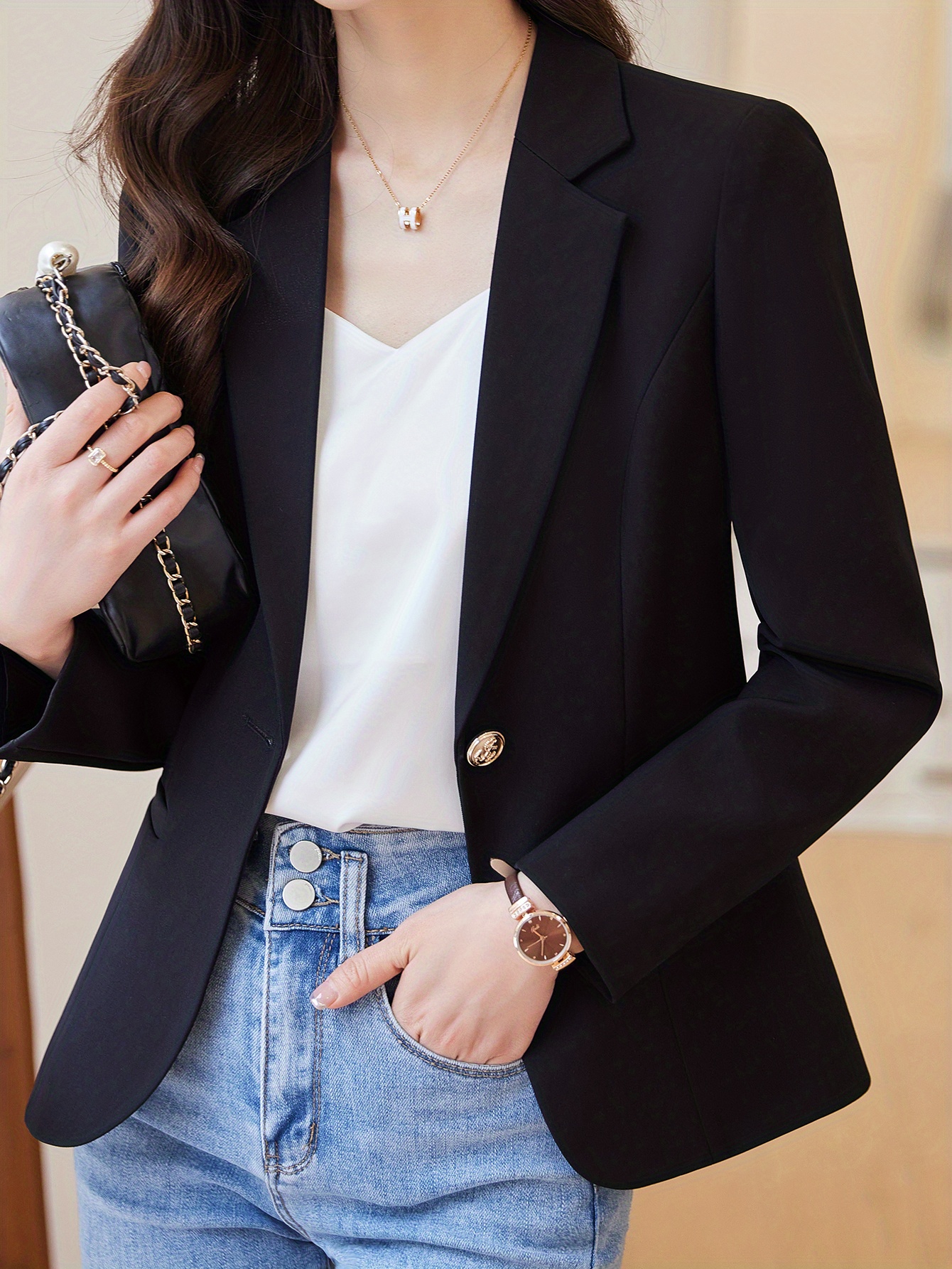 one button lapel blazer elegant open front long sleeve work office outerwear womens clothing details 1