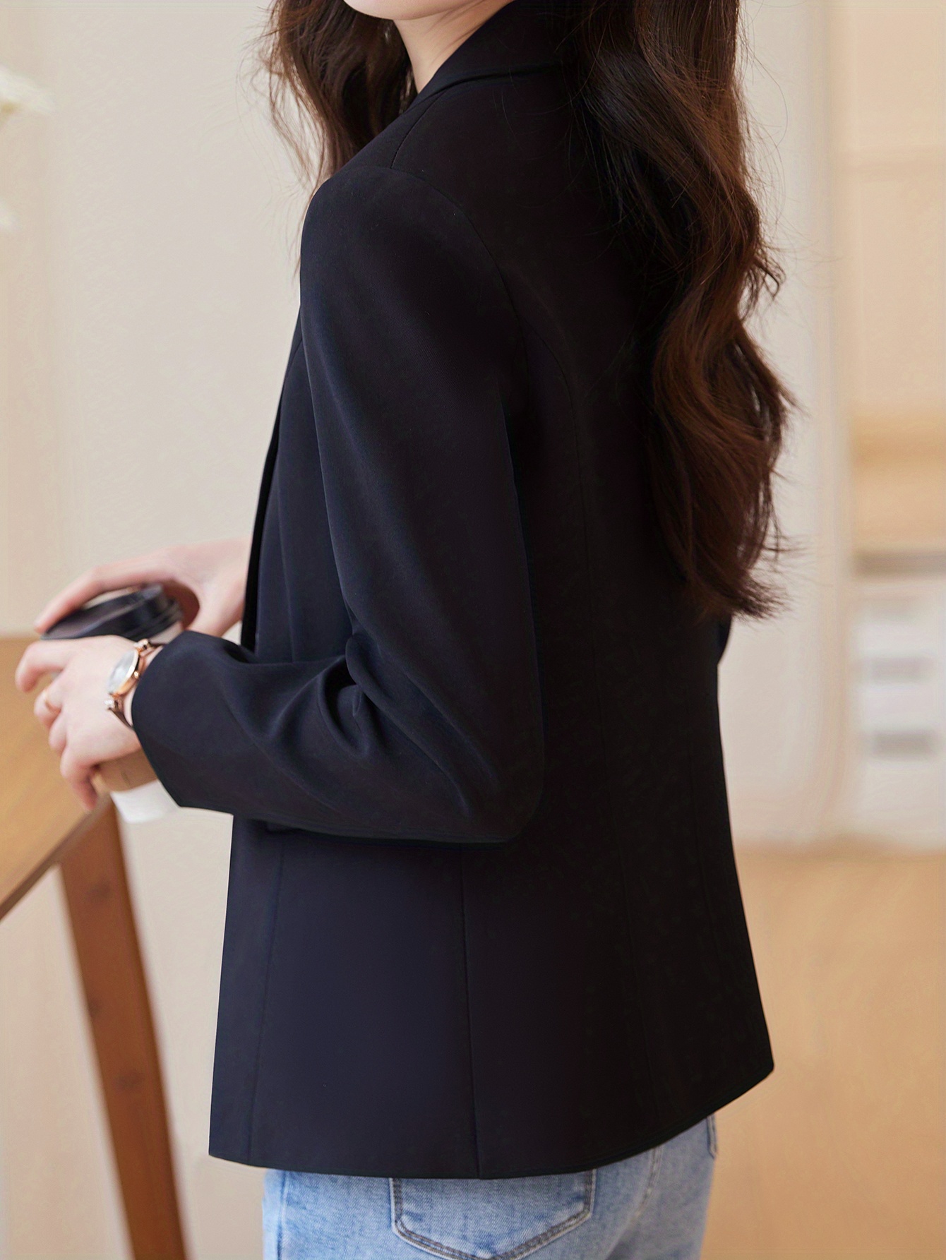 one button lapel blazer elegant open front long sleeve work office outerwear womens clothing details 3