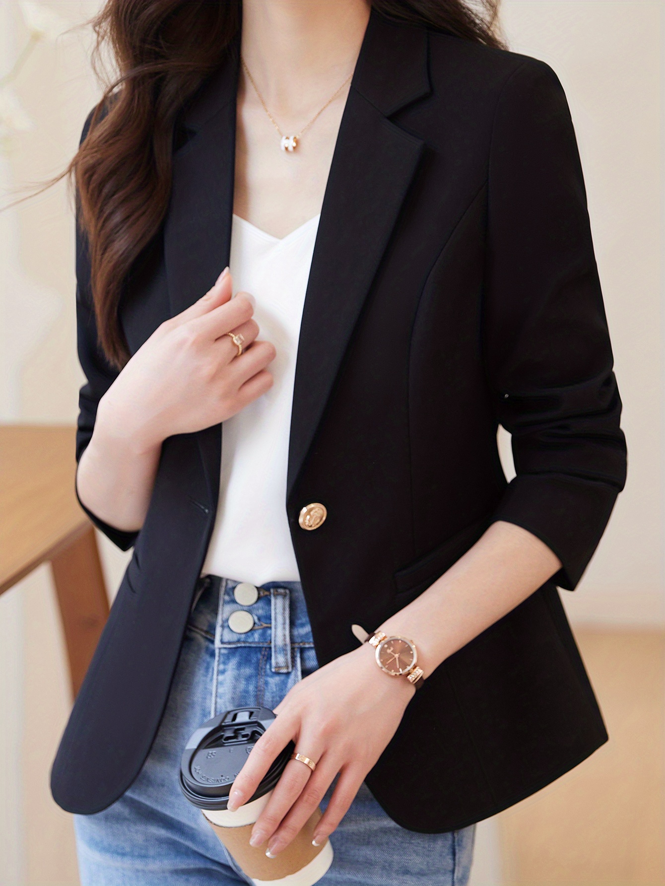 one button lapel blazer elegant open front long sleeve work office outerwear womens clothing details 4