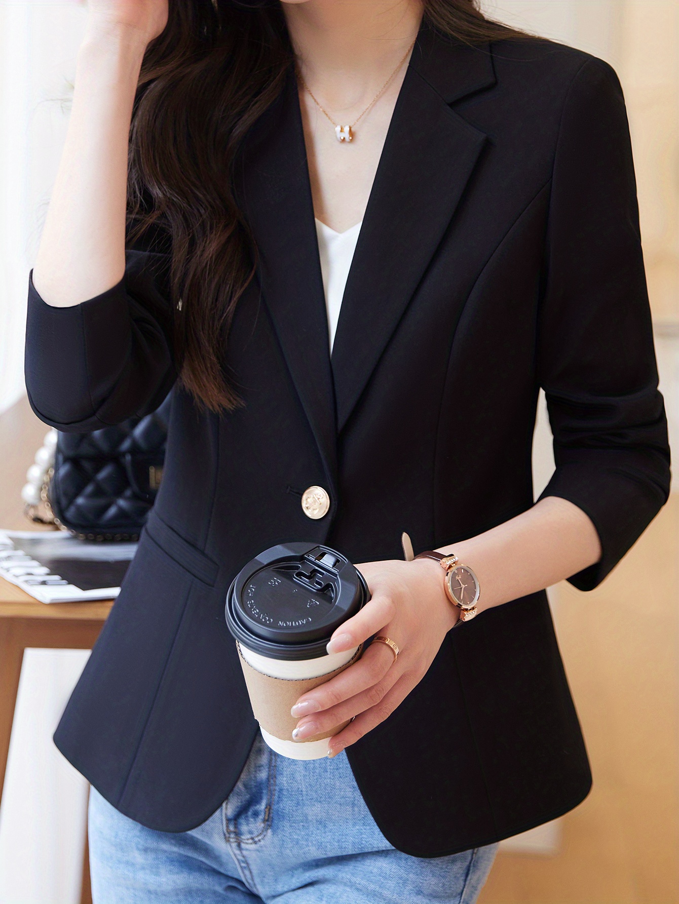 one button lapel blazer elegant open front long sleeve work office outerwear womens clothing details 5