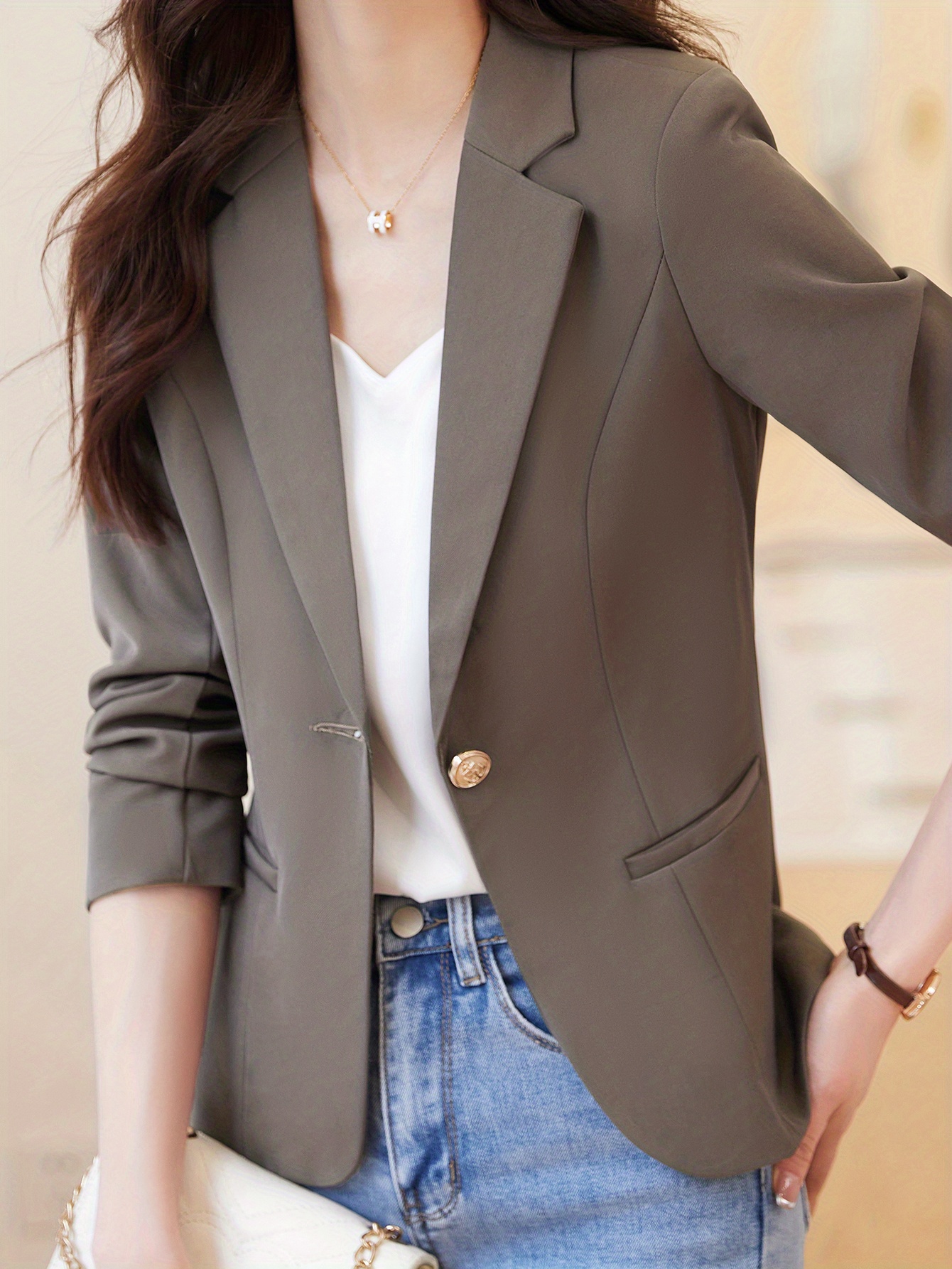 one button lapel blazer elegant open front long sleeve work office outerwear womens clothing details 7