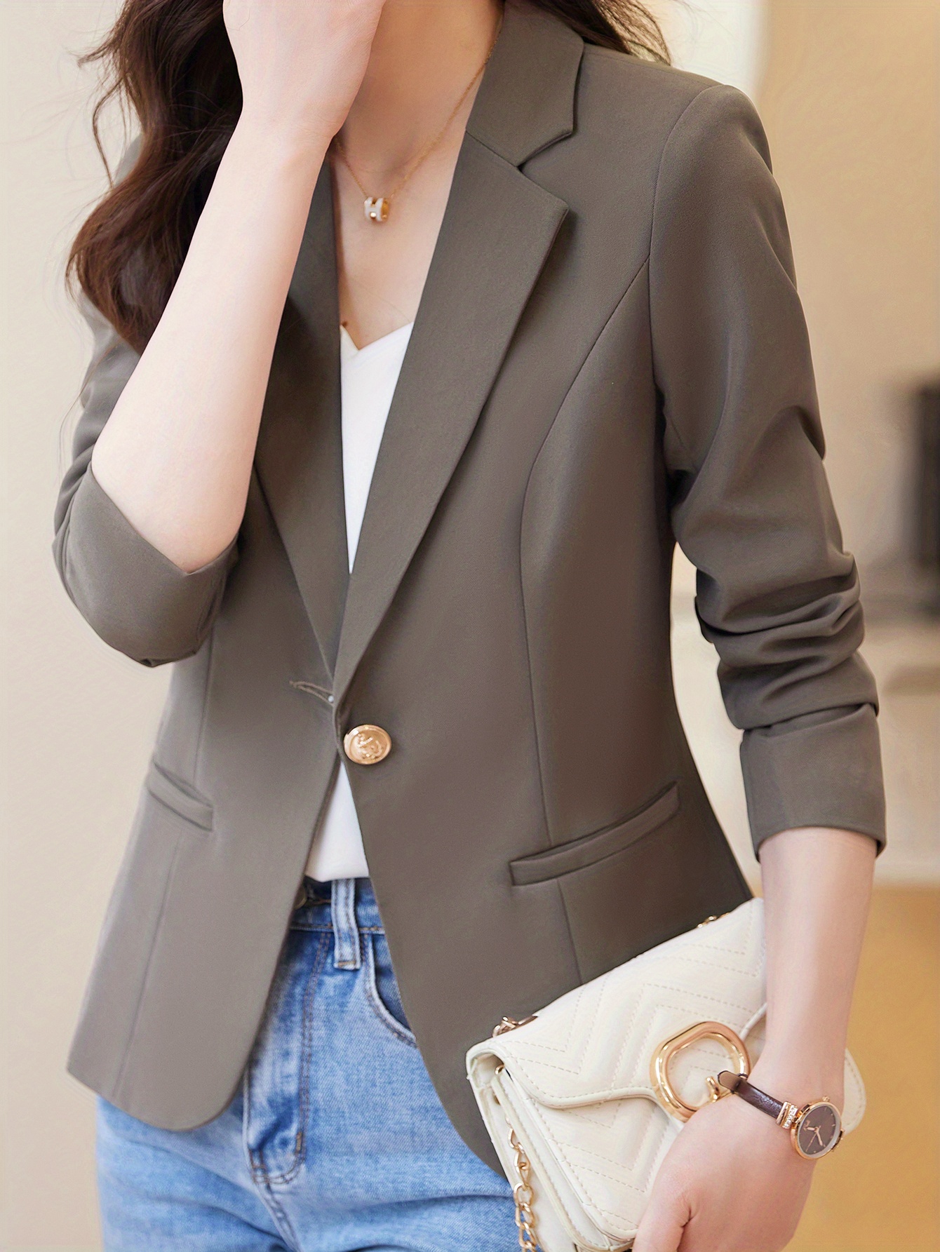 one button lapel blazer elegant open front long sleeve work office outerwear womens clothing details 8