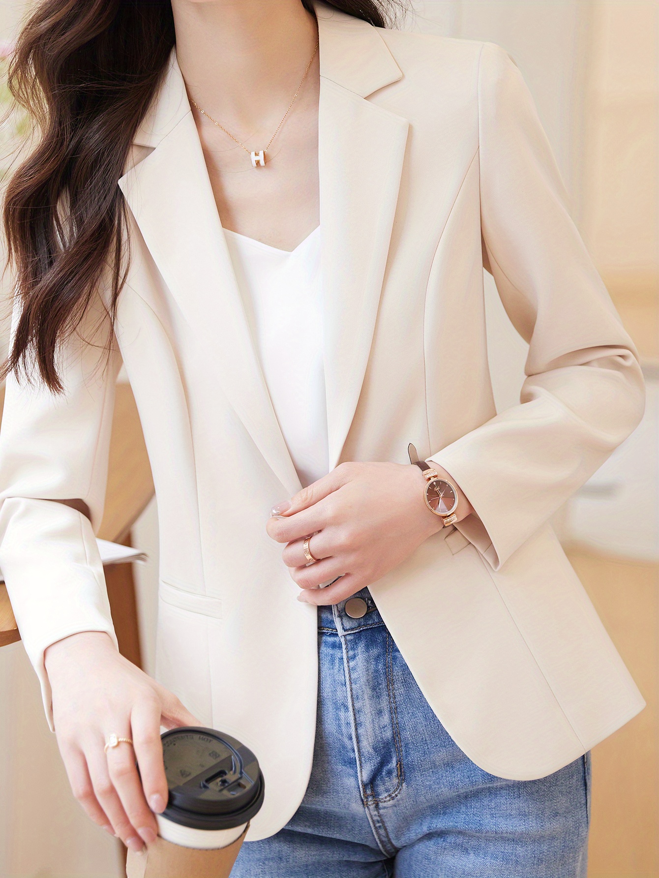 one button lapel blazer elegant open front long sleeve work office outerwear womens clothing details 11