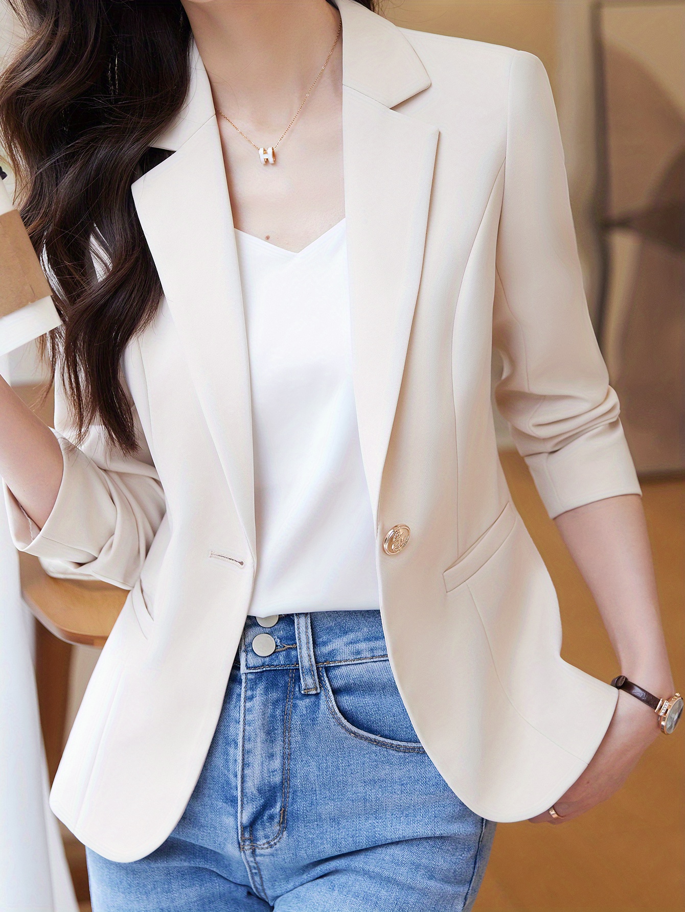 one button lapel blazer elegant open front long sleeve work office outerwear womens clothing details 16