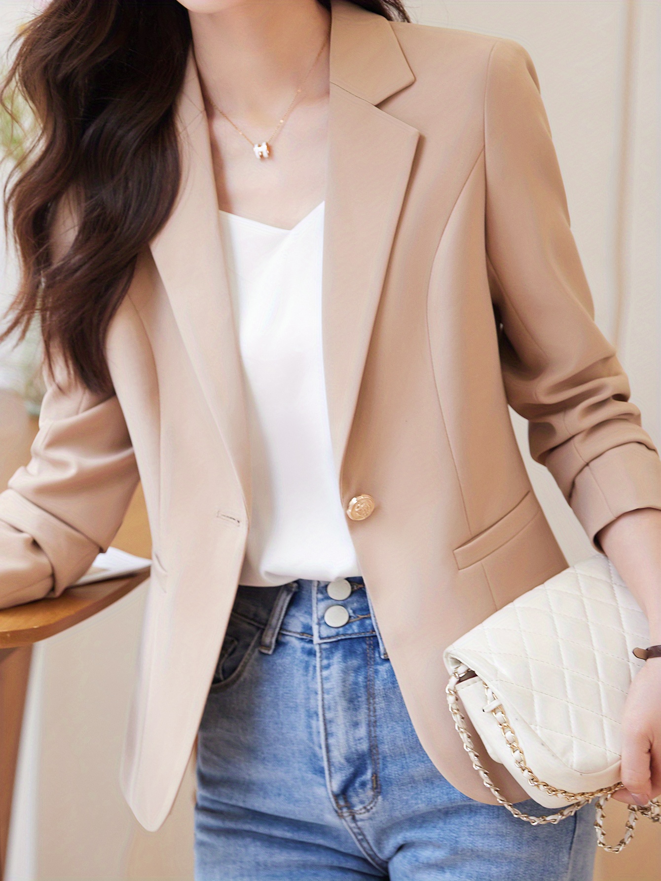 one button lapel blazer elegant open front long sleeve work office outerwear womens clothing details 17