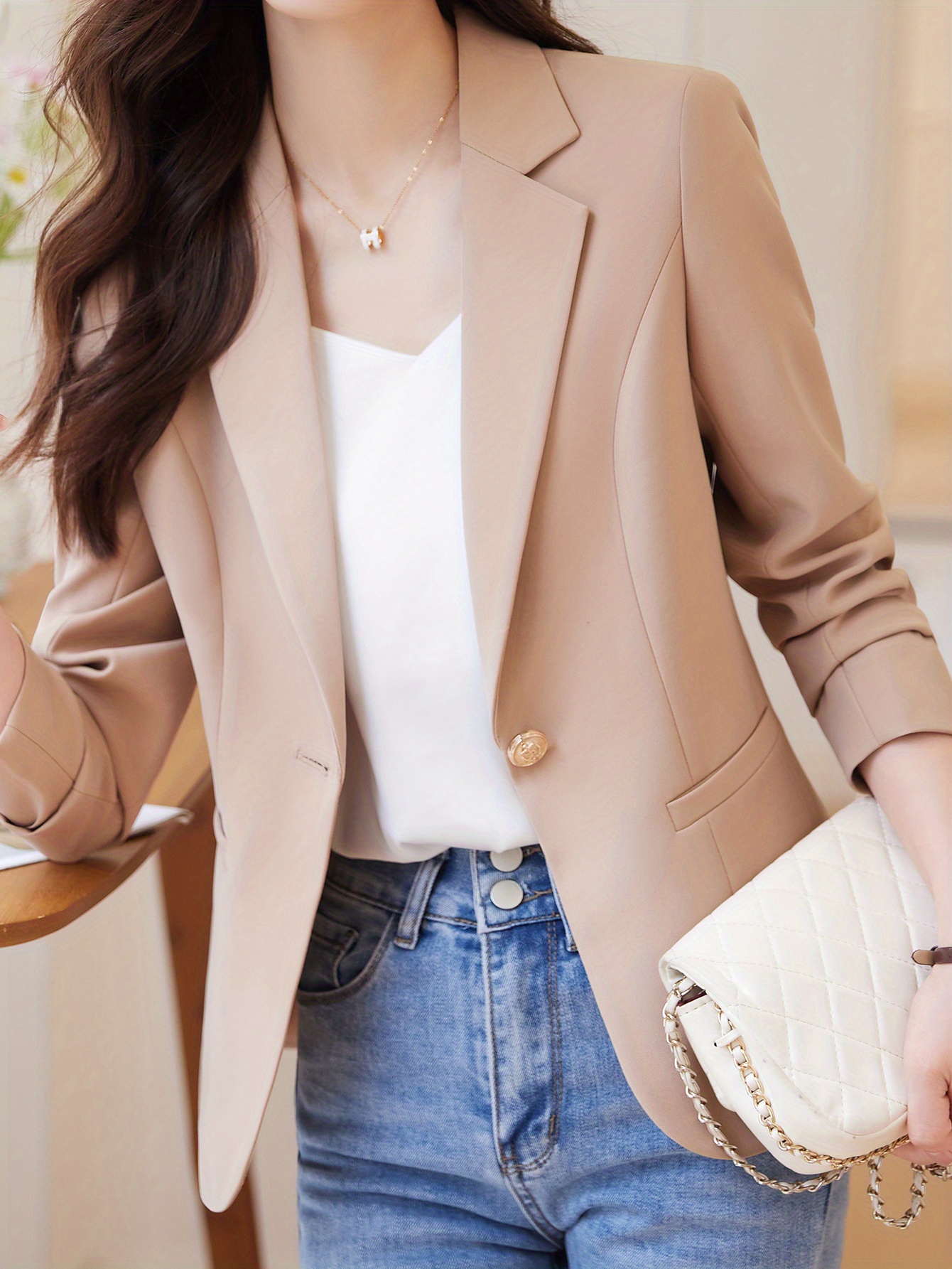 one button lapel blazer elegant open front long sleeve work office outerwear womens clothing details 18