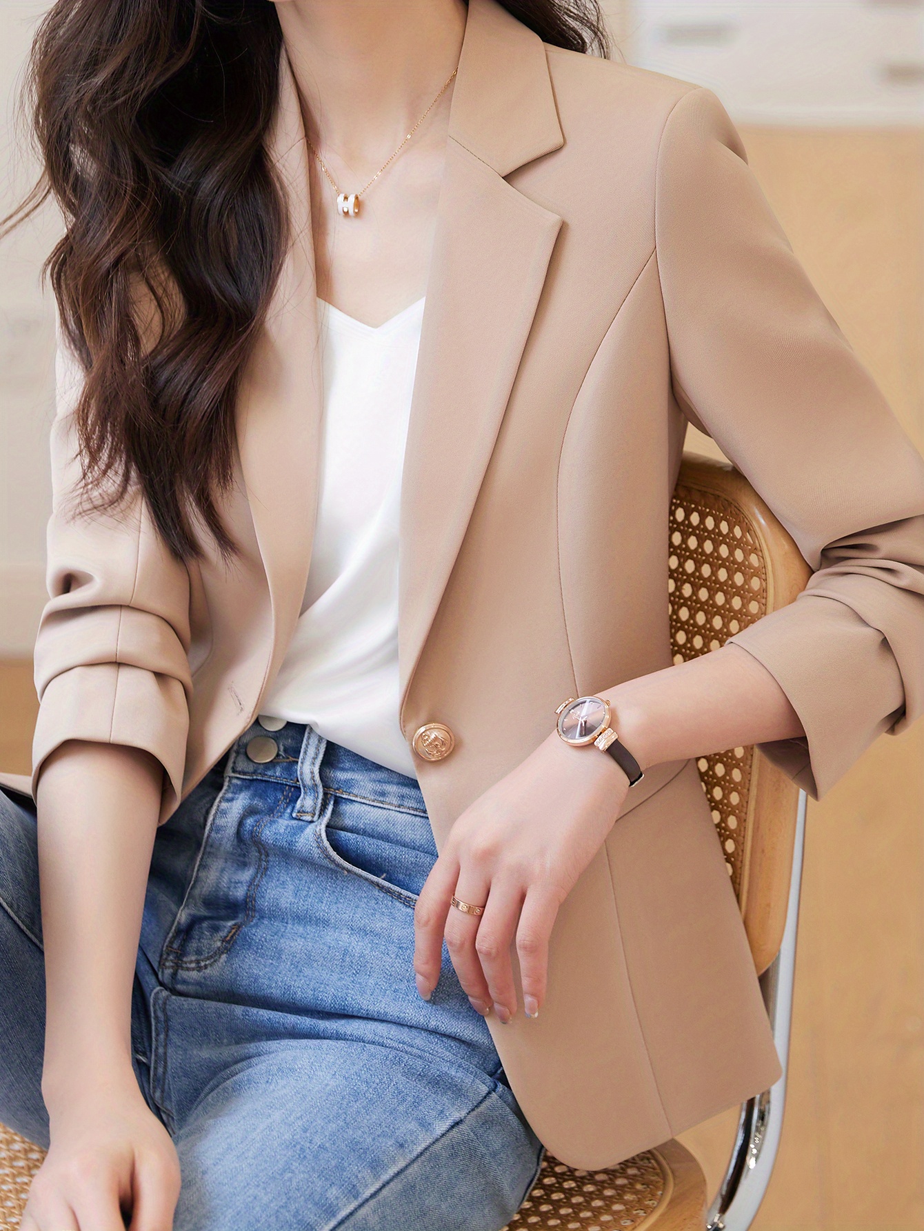 one button lapel blazer elegant open front long sleeve work office outerwear womens clothing details 19