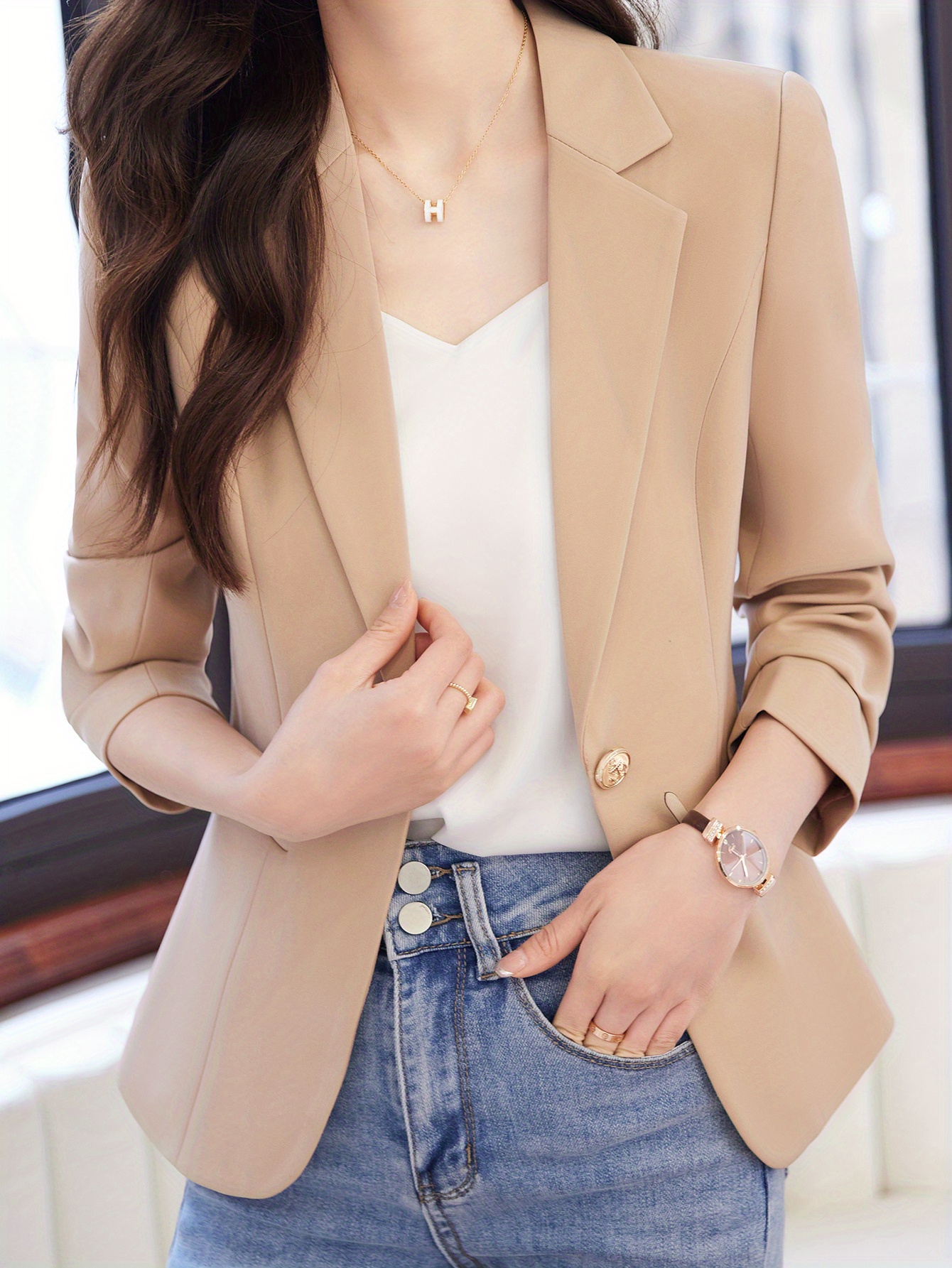 one button lapel blazer elegant open front long sleeve work office outerwear womens clothing details 20