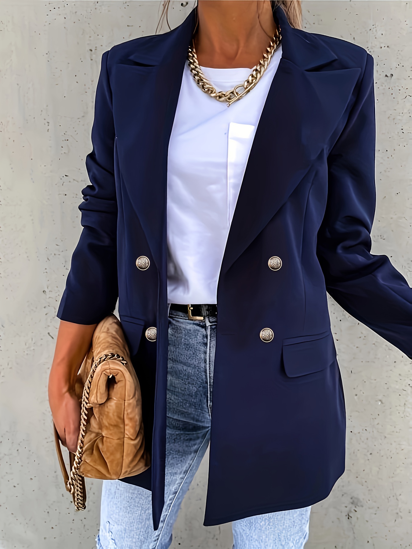 solid double breasted blazer casual long sleeve lapel blazer womens clothing details 1