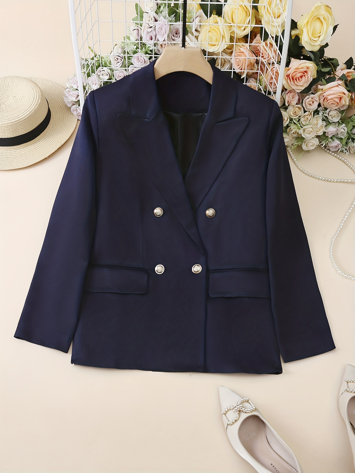 solid double breasted blazer casual long sleeve lapel blazer womens clothing details 2
