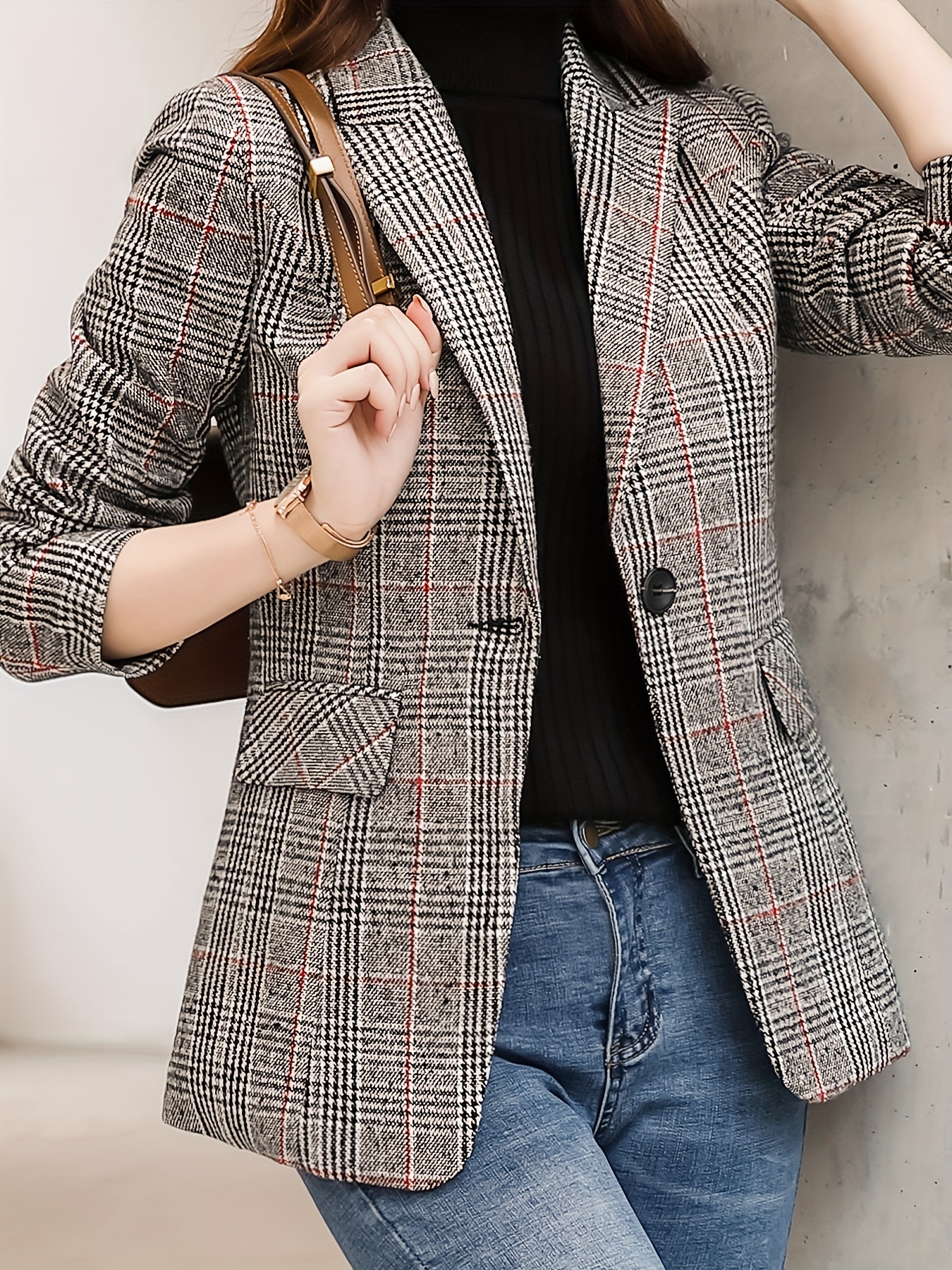 plaid pattern single breasted blazer elegant lapel long sleeve blazer for office work womens clothing details 10
