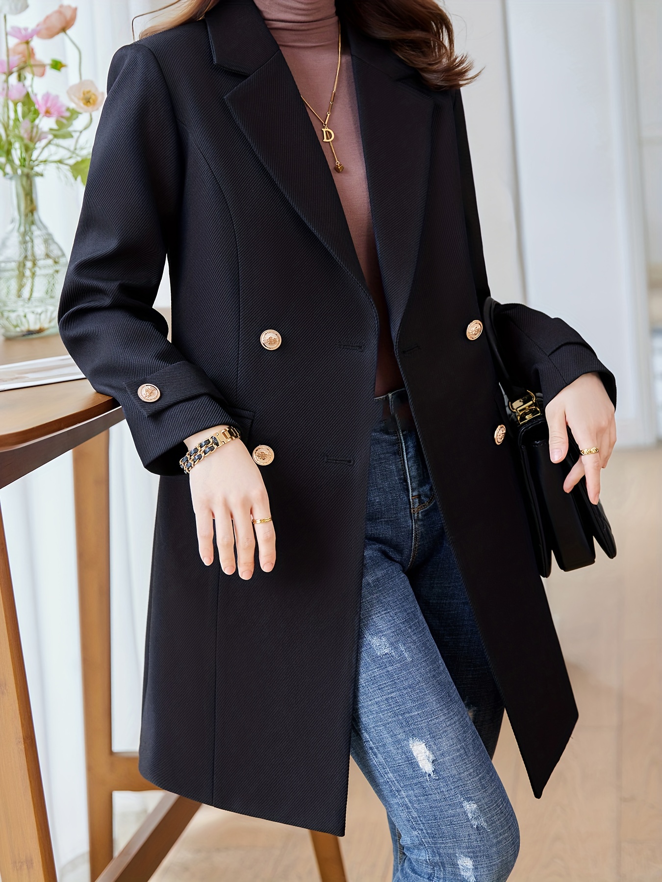solid double breasted lapel overcoat elegant long sleeve mid length coat for fall winter womens clothing details 0