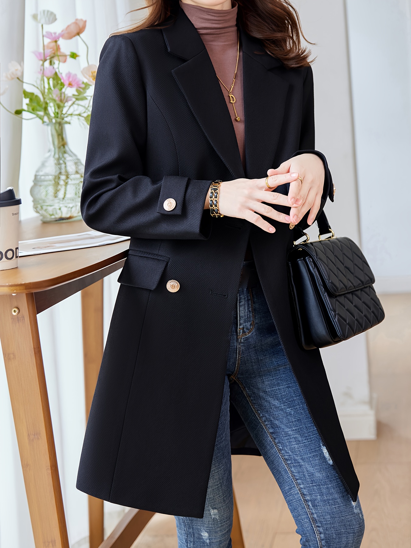 solid double breasted lapel overcoat elegant long sleeve mid length coat for fall winter womens clothing details 2