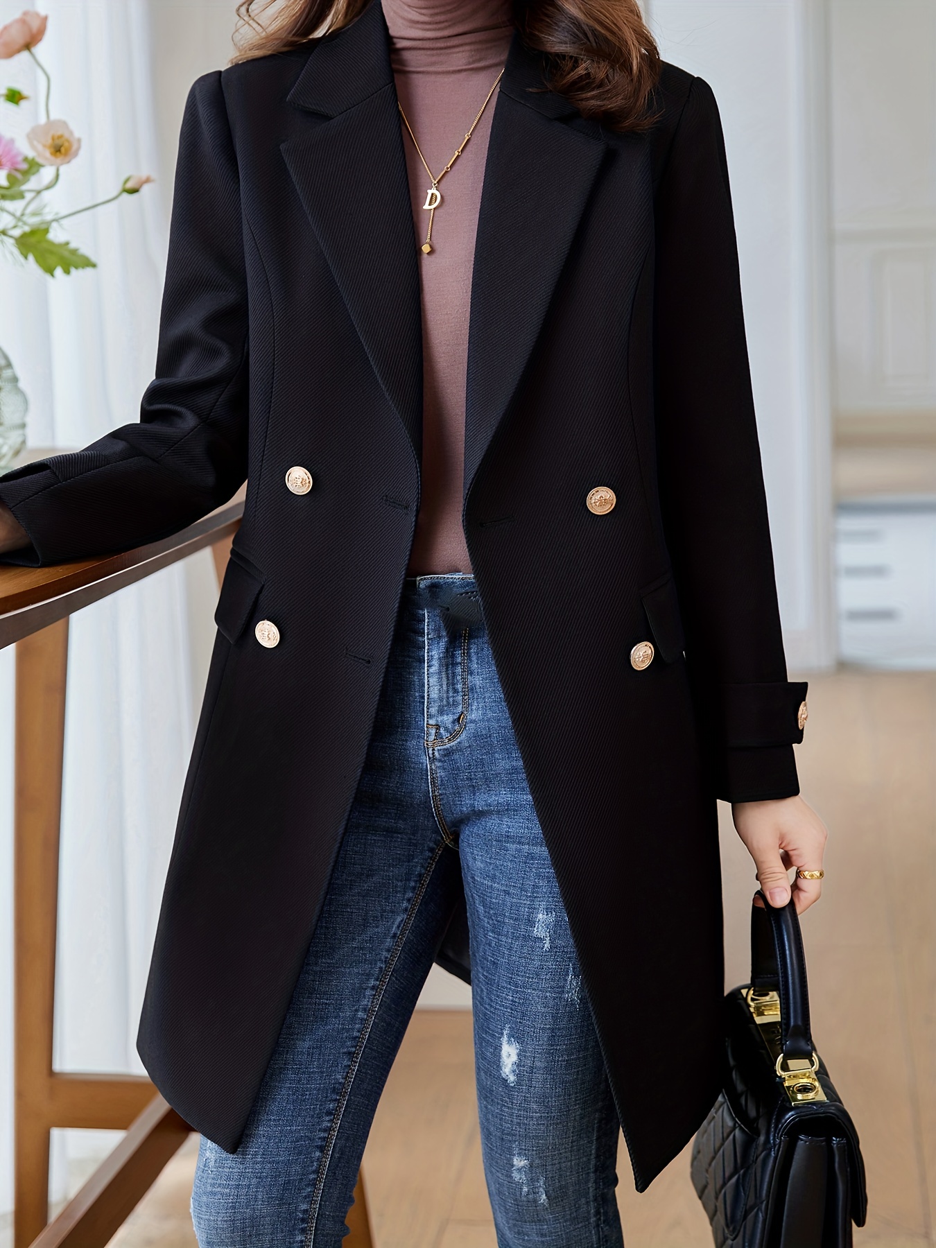 solid double breasted lapel overcoat elegant long sleeve mid length coat for fall winter womens clothing details 3