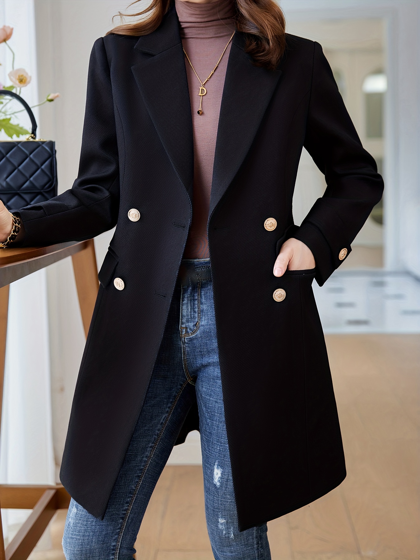 solid double breasted lapel overcoat elegant long sleeve mid length coat for fall winter womens clothing details 4