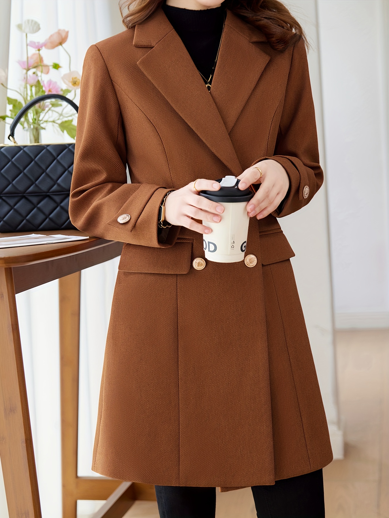 solid double breasted lapel overcoat elegant long sleeve mid length coat for fall winter womens clothing details 5