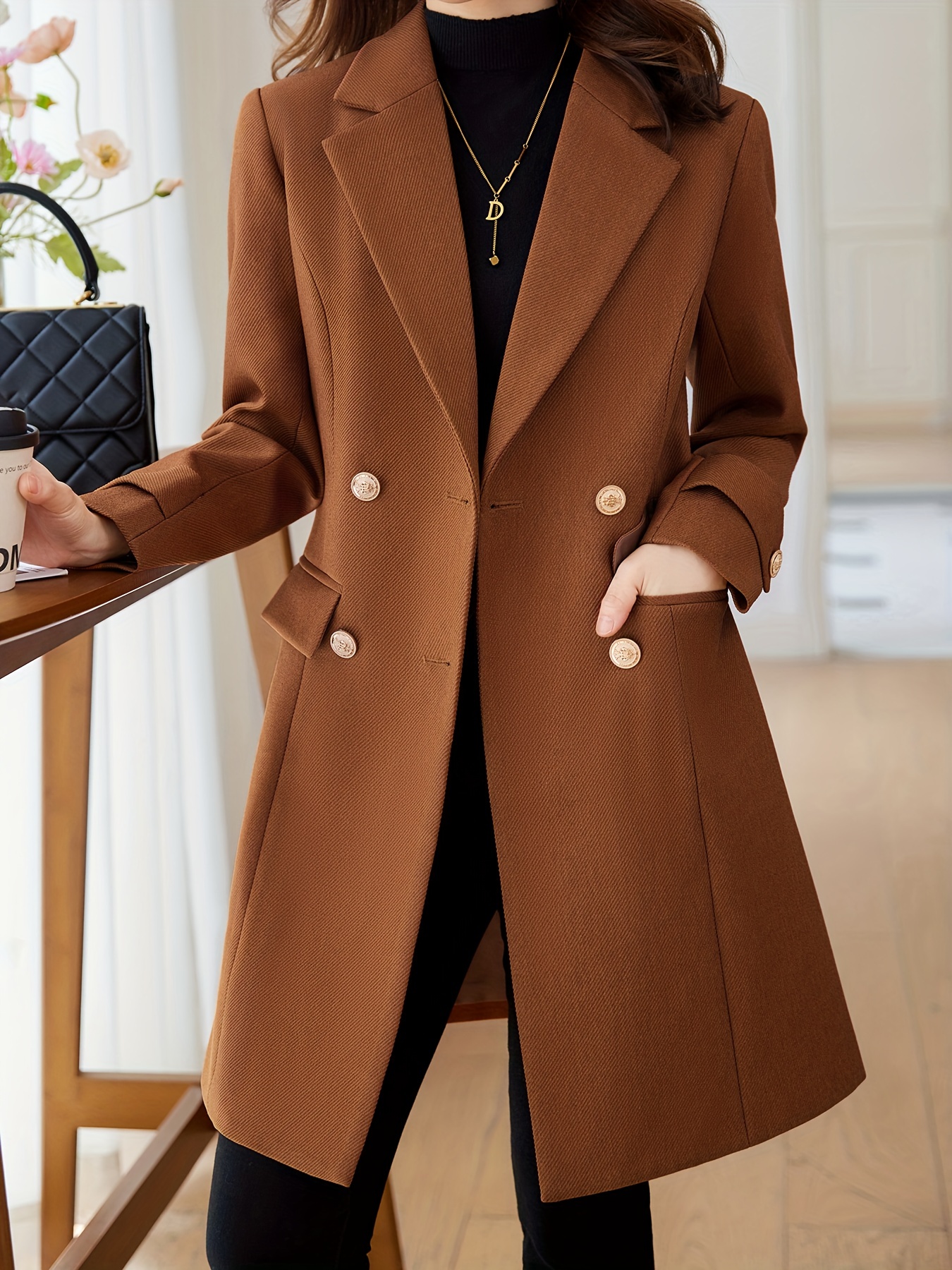 solid double breasted lapel overcoat elegant long sleeve mid length coat for fall winter womens clothing details 7