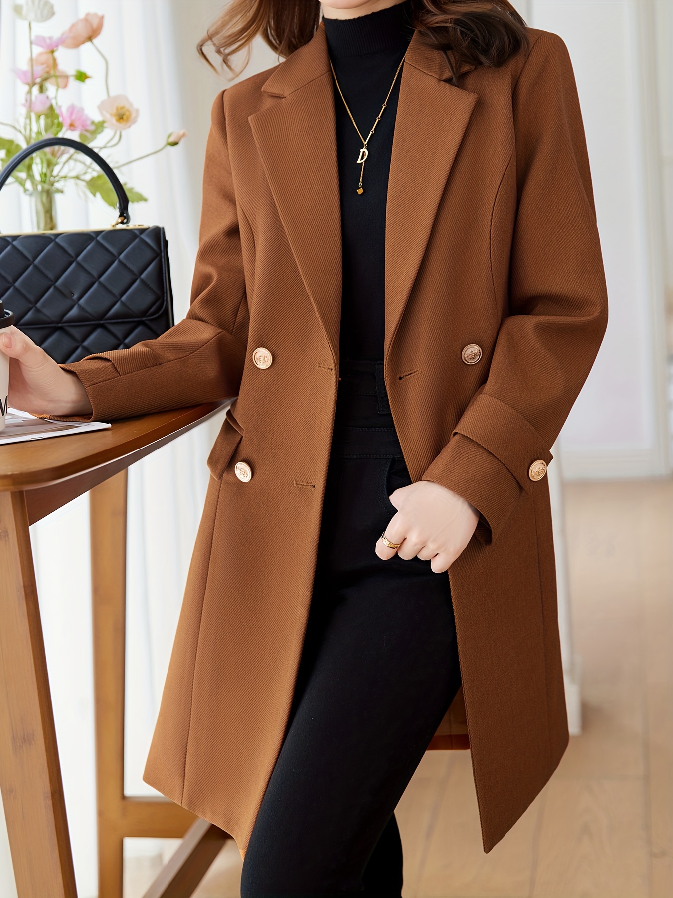 solid double breasted lapel overcoat elegant long sleeve mid length coat for fall winter womens clothing details 8