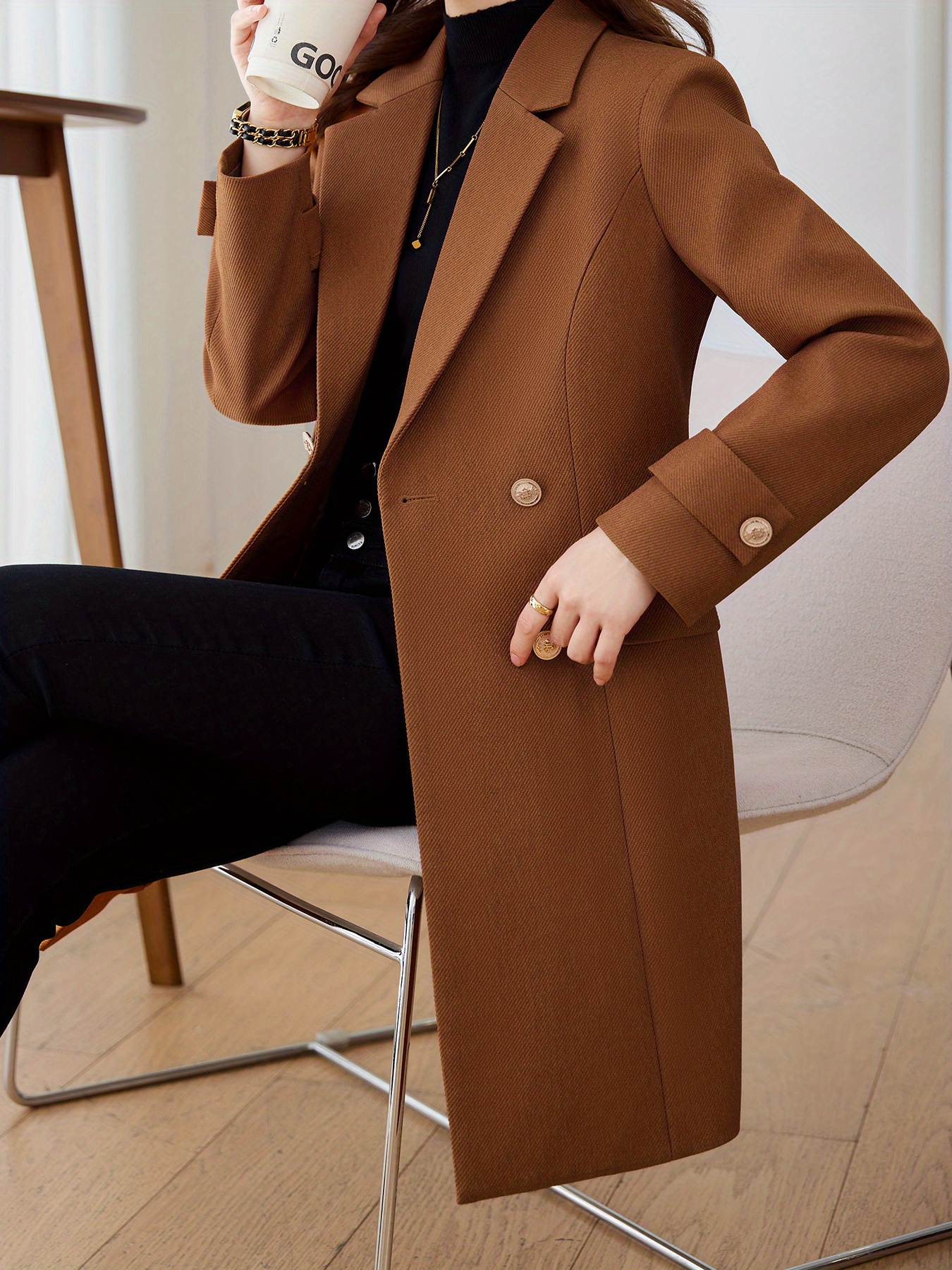 solid double breasted lapel overcoat elegant long sleeve mid length coat for fall winter womens clothing details 9
