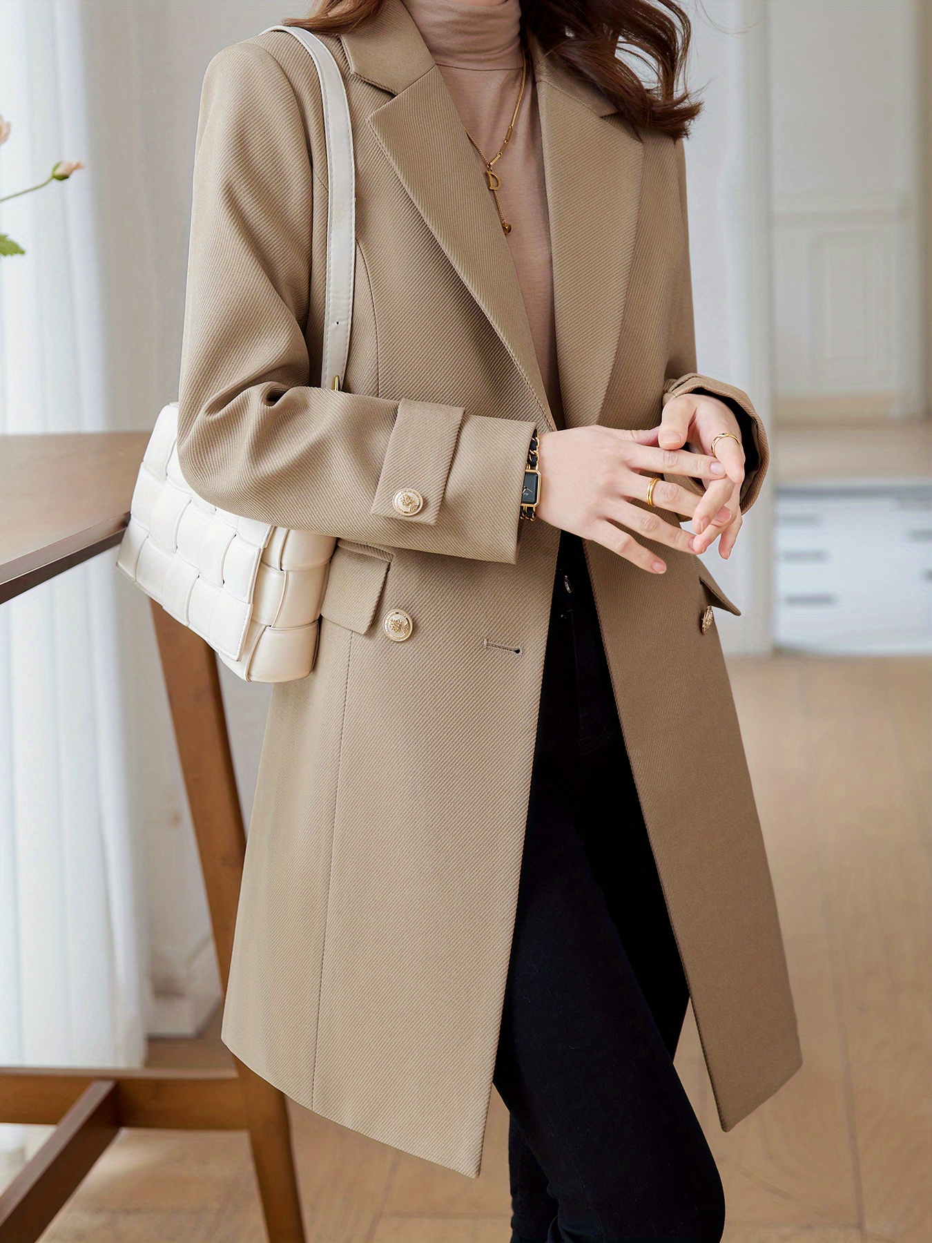 solid double breasted lapel overcoat elegant long sleeve mid length coat for fall winter womens clothing details 10