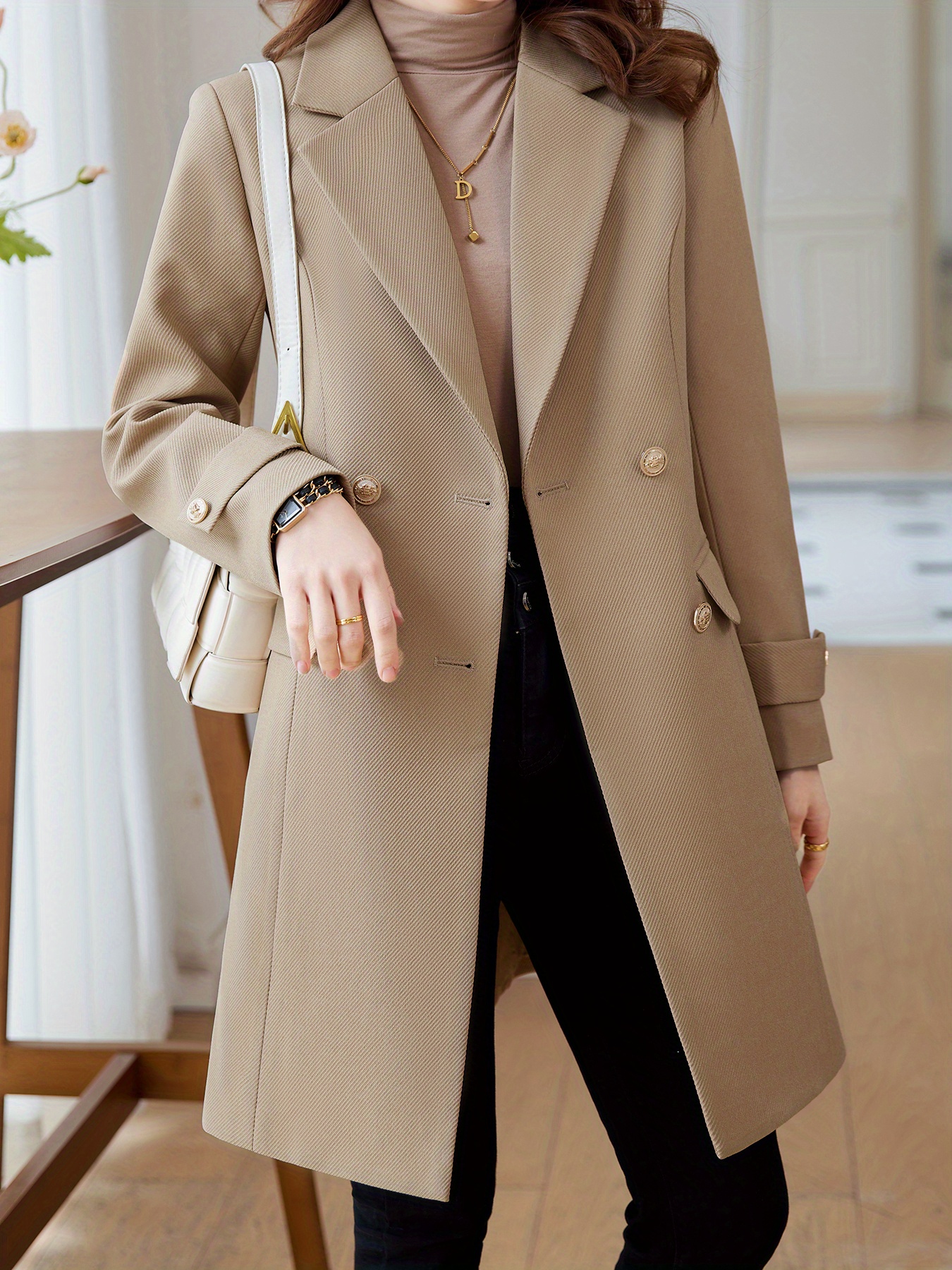 solid double breasted lapel overcoat elegant long sleeve mid length coat for fall winter womens clothing details 11