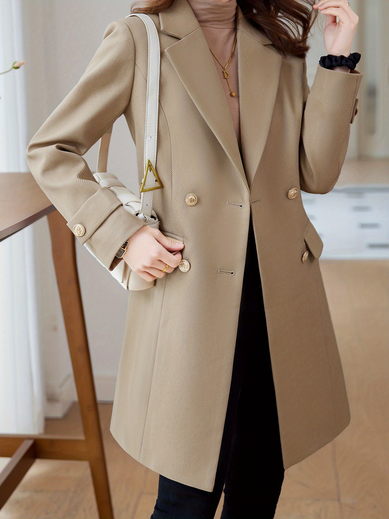 solid double breasted lapel overcoat elegant long sleeve mid length coat for fall winter womens clothing details 12
