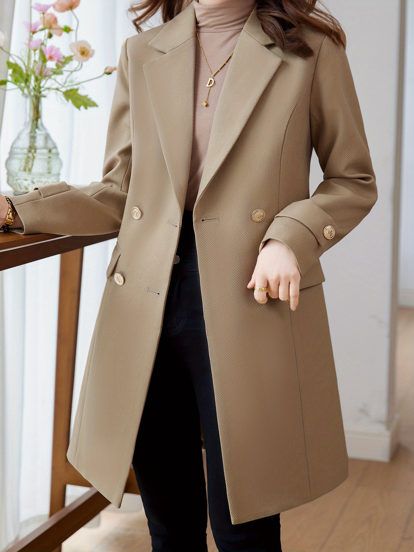 solid double breasted lapel overcoat elegant long sleeve mid length coat for fall winter womens clothing details 14