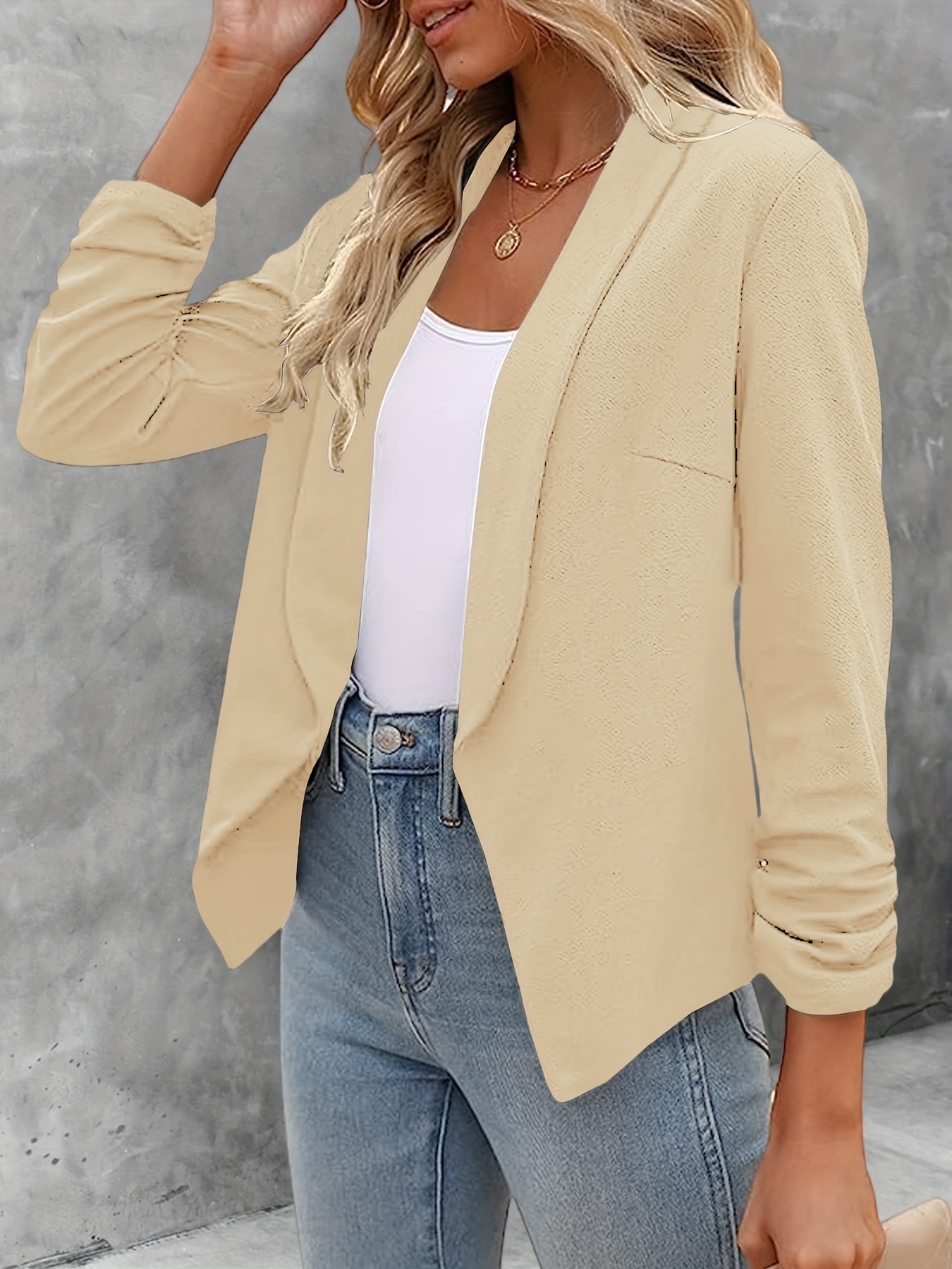 solid color open front blazer elegant lapel ruched sleeve blazer for office work womens clothing details 0