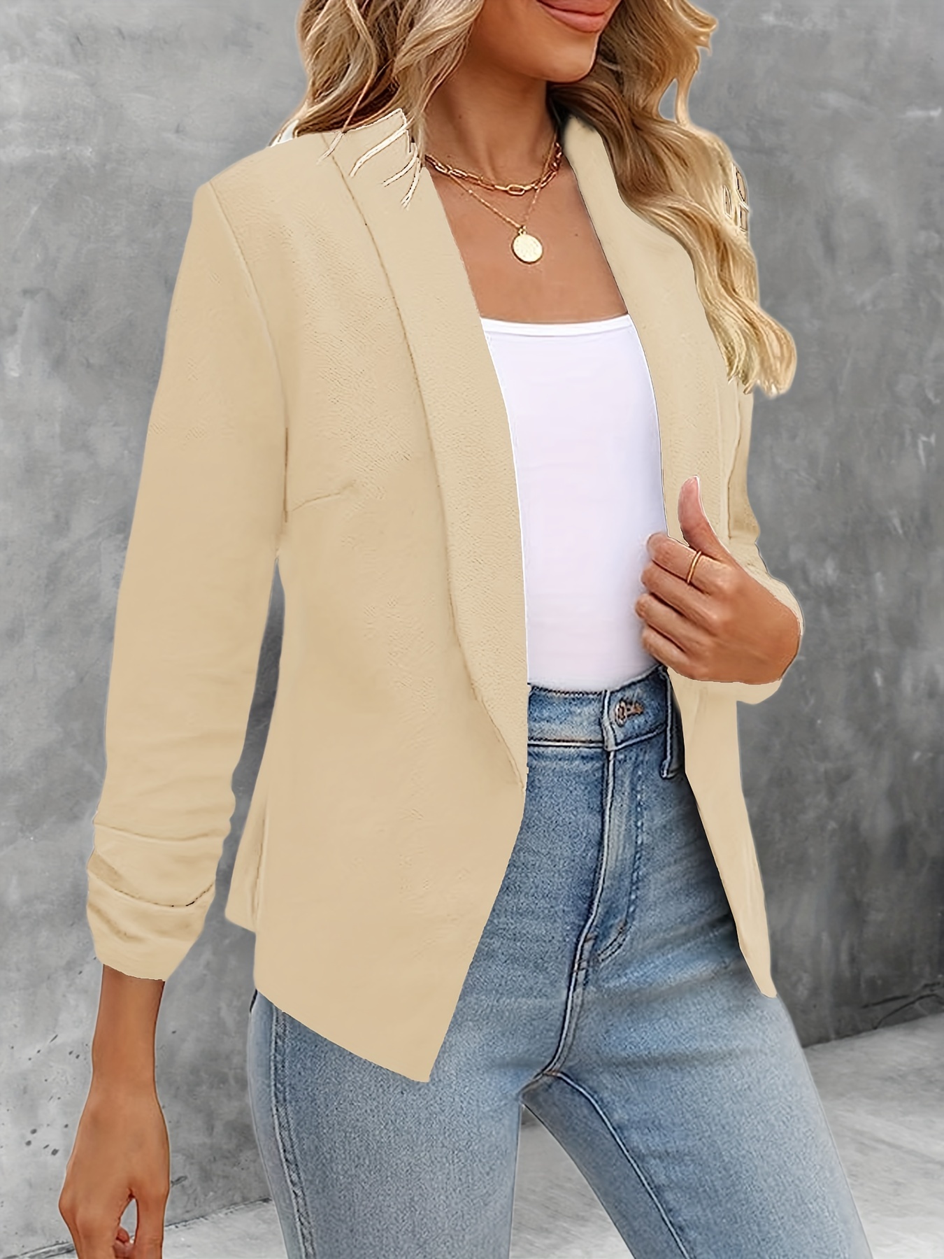 solid color open front blazer elegant lapel ruched sleeve blazer for office work womens clothing details 1
