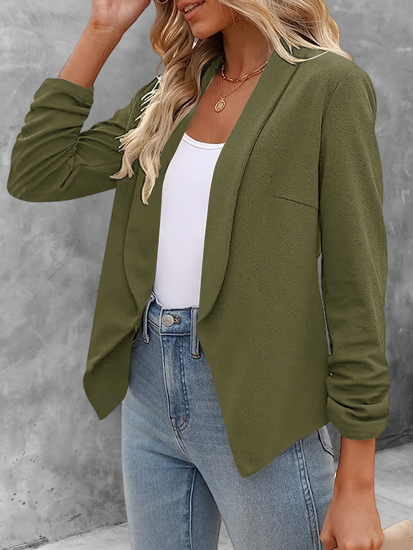 solid color open front blazer elegant lapel ruched sleeve blazer for office work womens clothing details 4